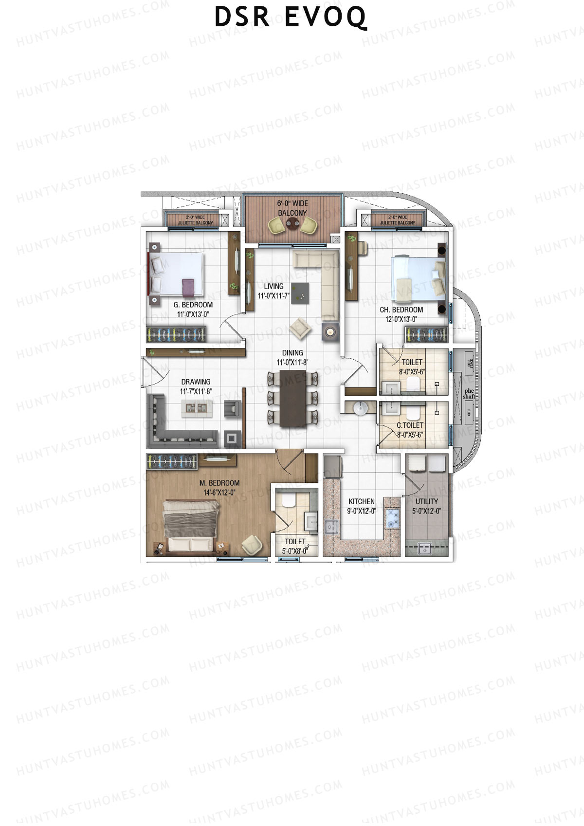 DSR Evoq, Tower 3, Unit 2, 3BHK, Super Area 1969   sq ft 