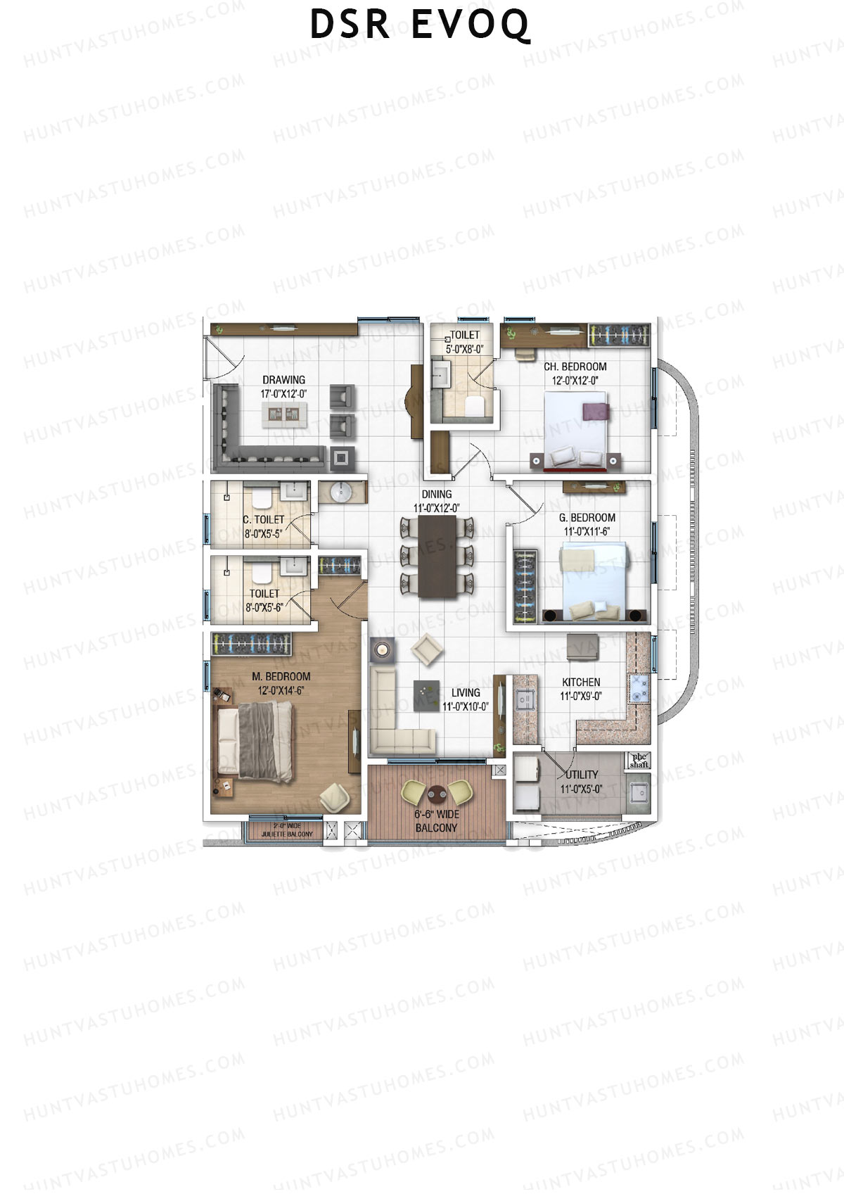 DSR Evoq, Tower 3, Unit 3, 3BHK, Super Area 1978   sq ft 