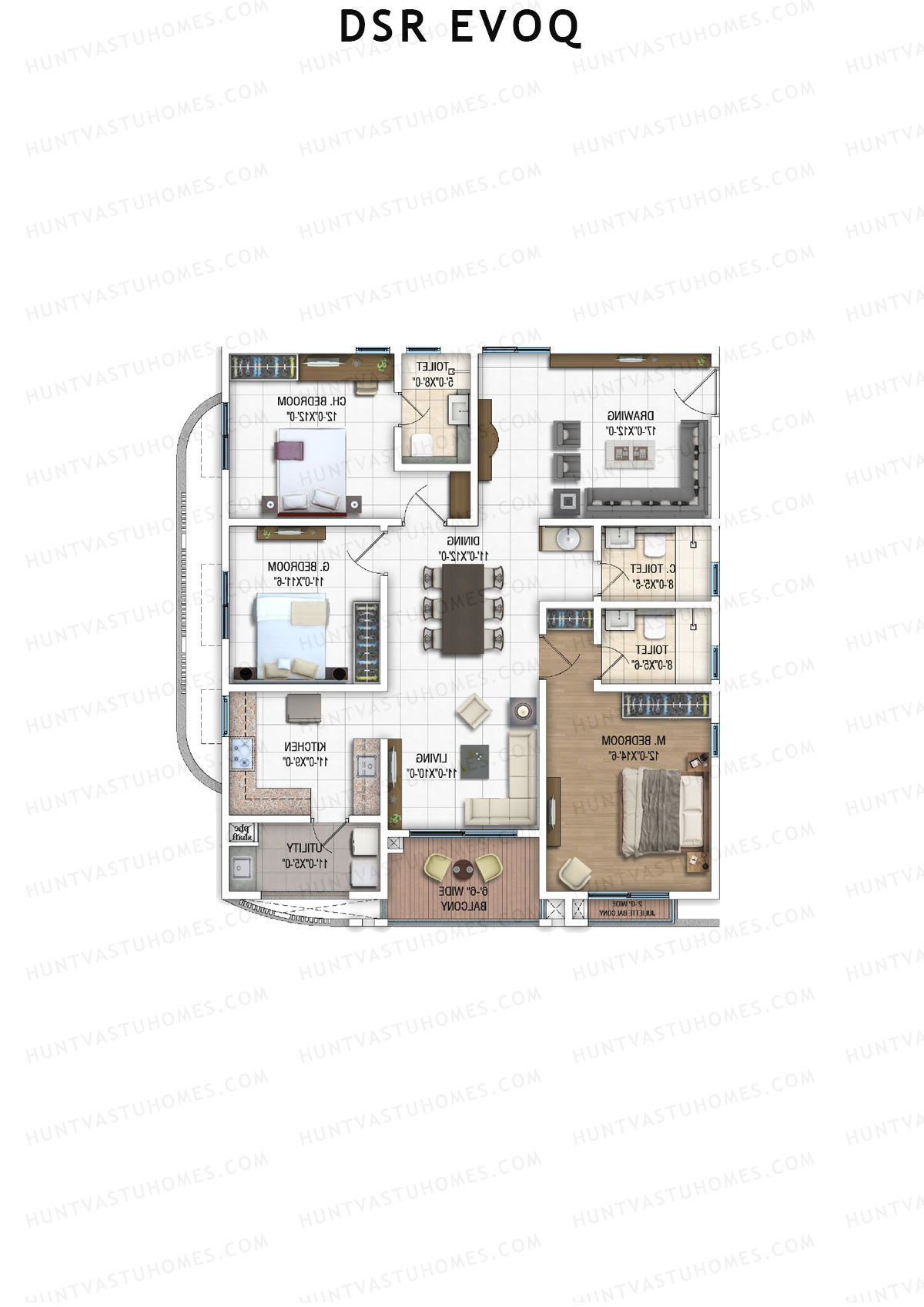 DSR Evoq, Tower 3, Unit 6, 3BHK, Super Area 1978   sq ft 