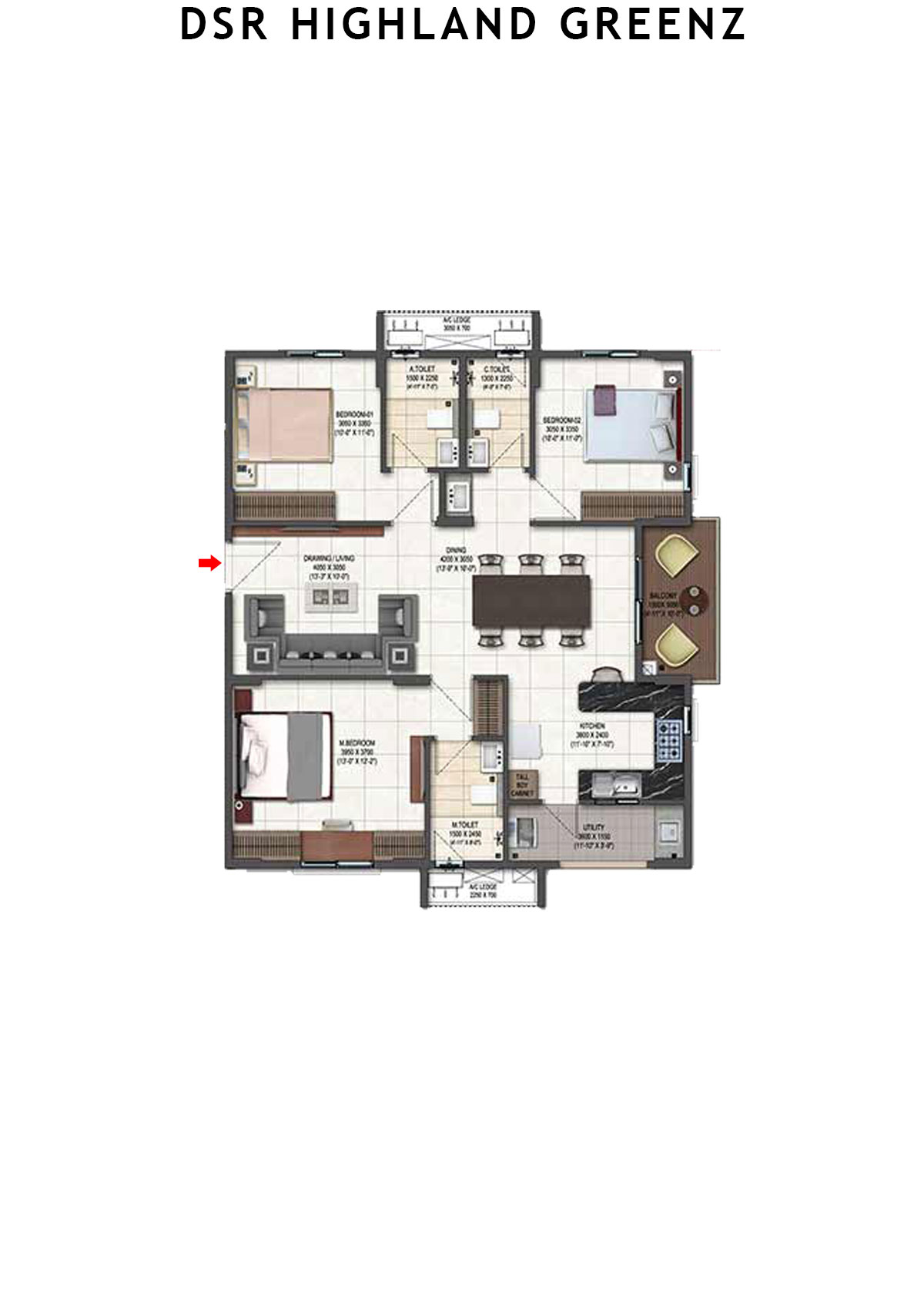 DSR Highland Greenz Tower A Wing 2 Unit 3 Floor Plan