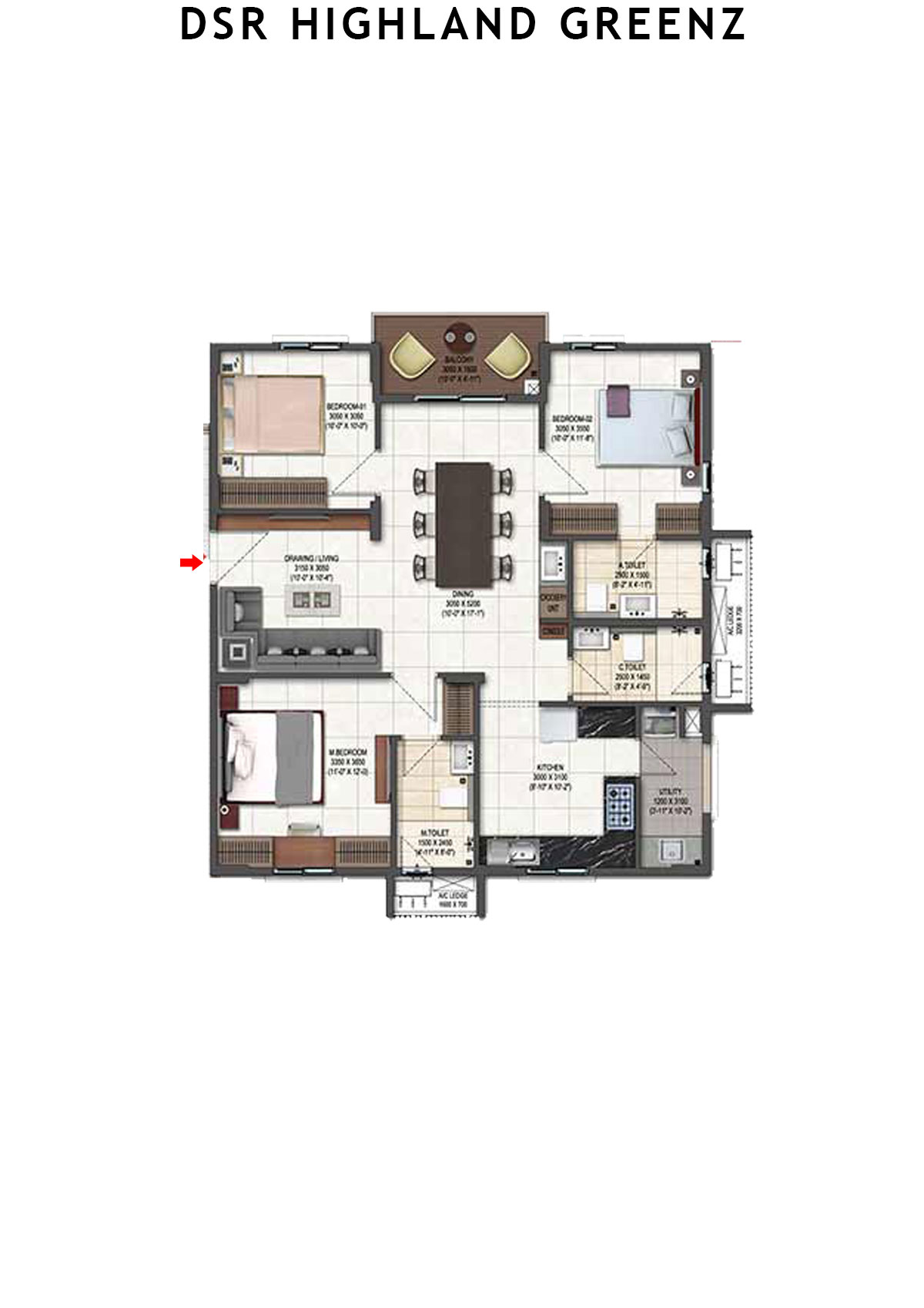 DSR Highland Greenz Tower B Wing 1 Unit 2 Floor Plan