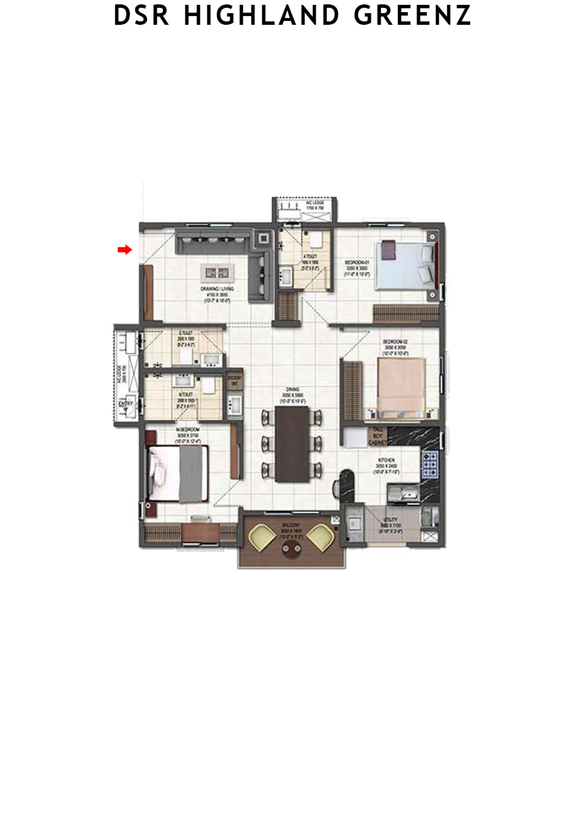 DSR Highland Greenz Tower B Wing 1 Unit 3 Floor Plan