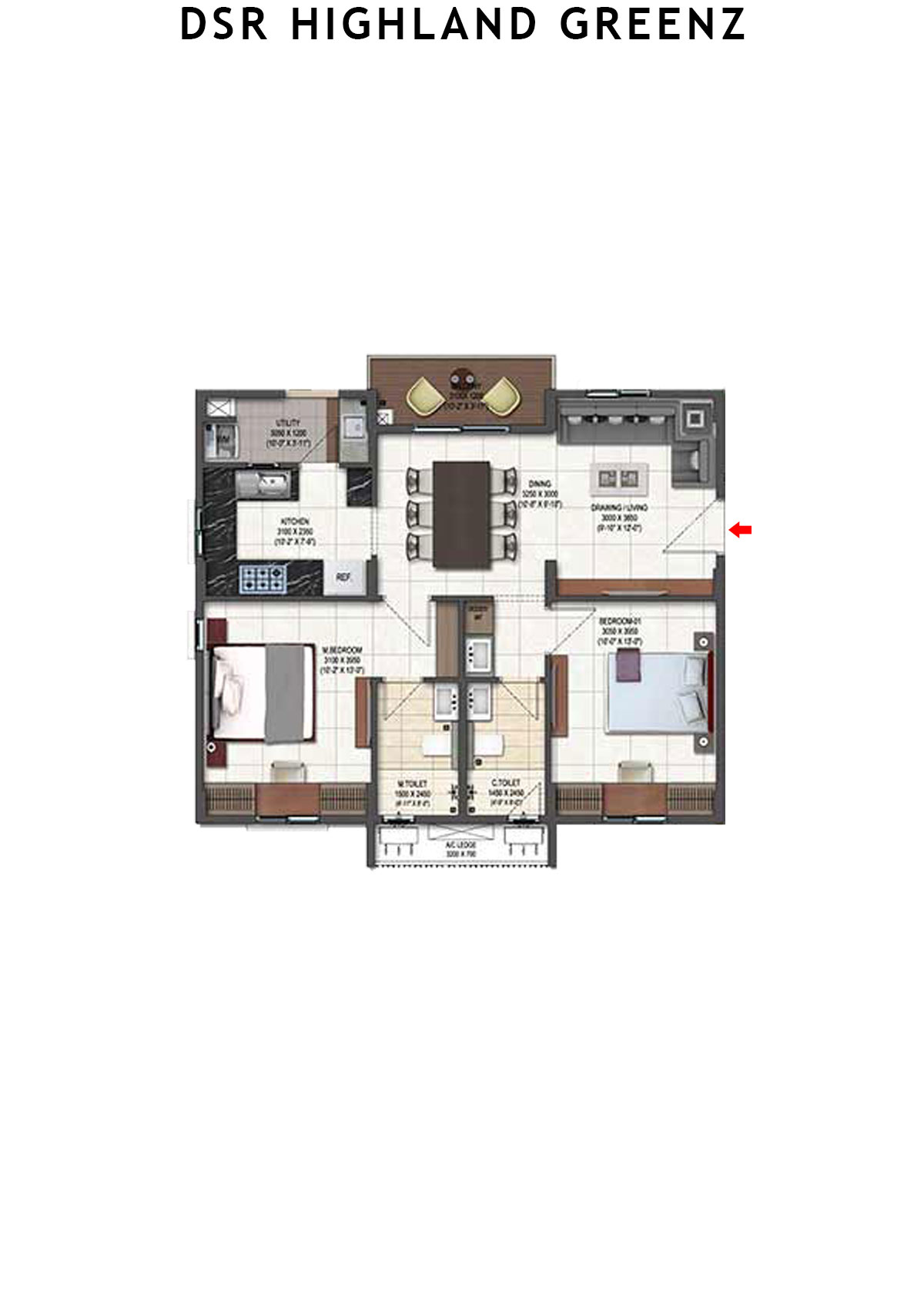 DSR Highland Greenz Tower C Wing 1 Unit 1 Floor Plan