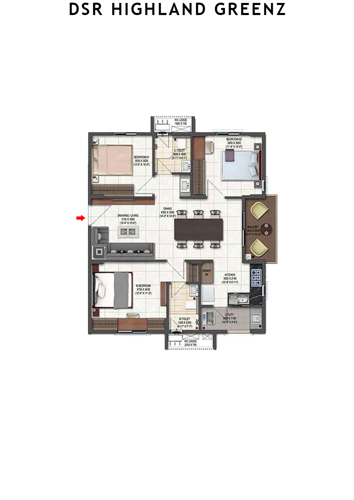 DSR Highland Greenz Tower C Wing 1 Unit 3 Floor Plan