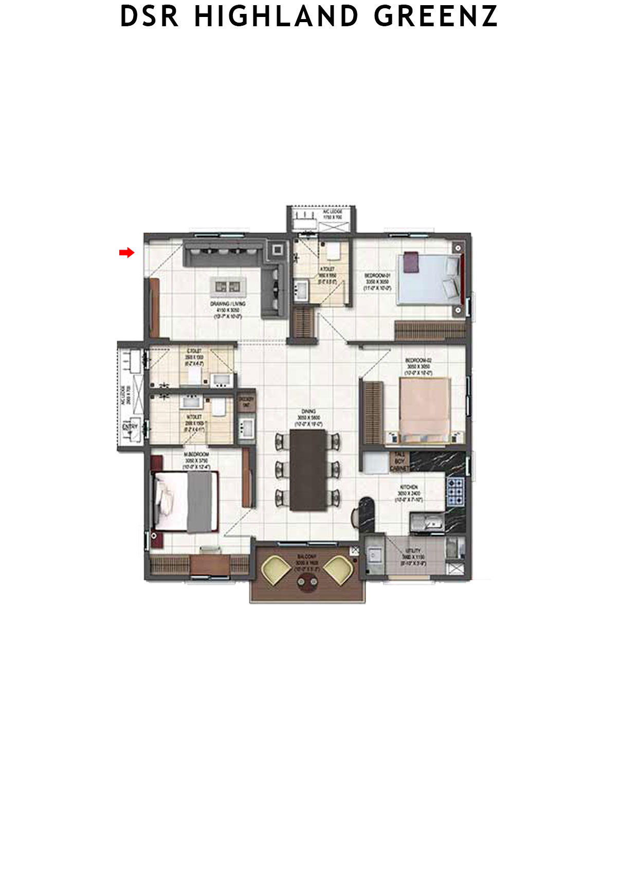 DSR Highland Greenz Tower C Wing 2 Unit 3 Floor Plan