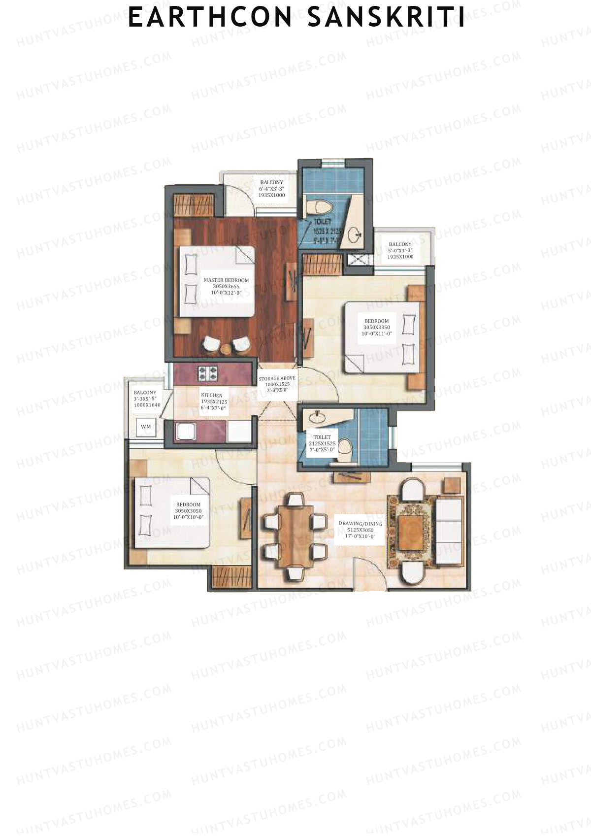 Earthcon Sanskriti, Tower C1, Unit 11, 3BHK, Super Area 1062   sq ft 
