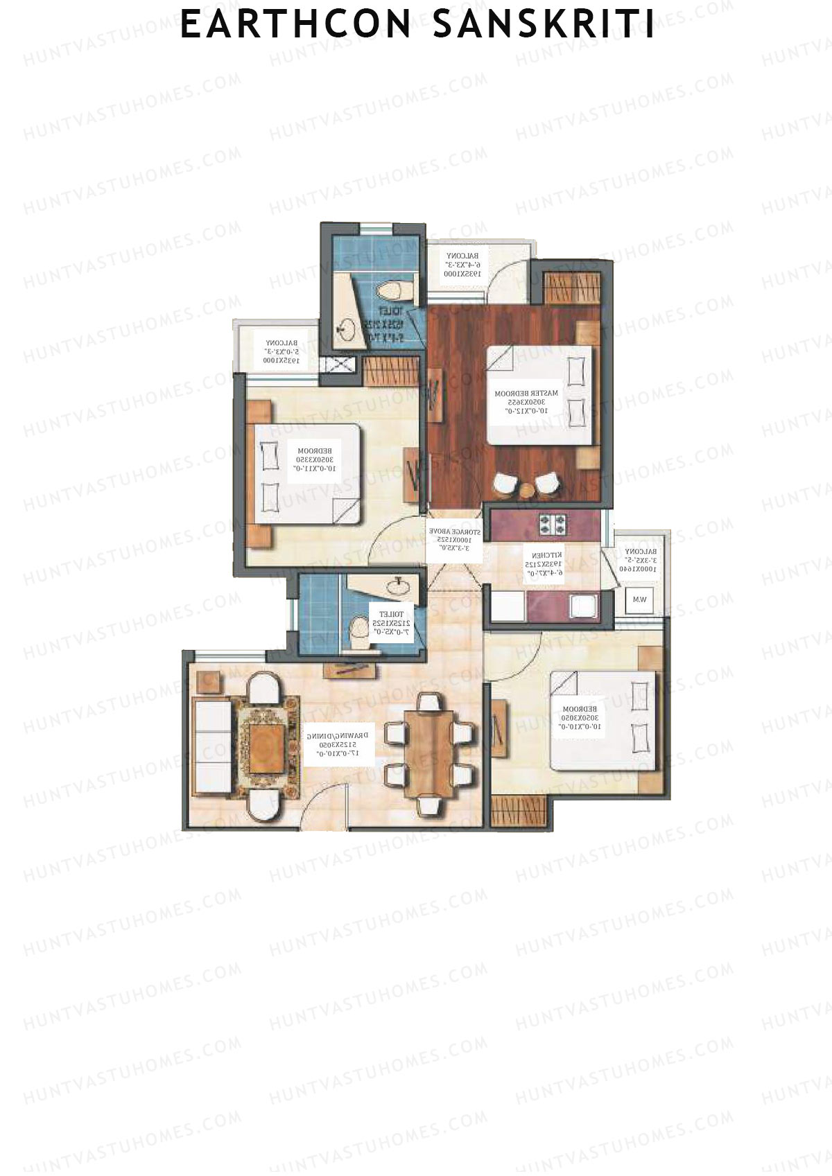 Earthcon Sanskriti, Tower C1, Unit 12, 3BHK, Super Area 1062   sq ft 