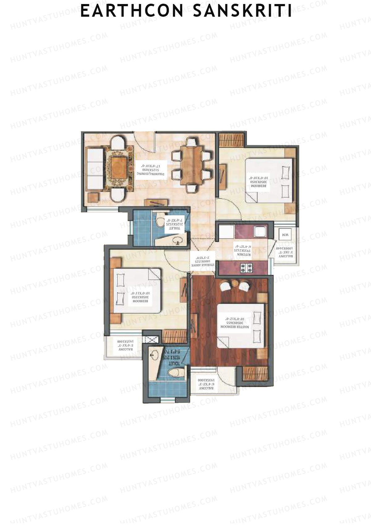 Earthcon Sanskriti, Tower C1, Unit 1, 3BHK, Super Area 1062   sq ft 