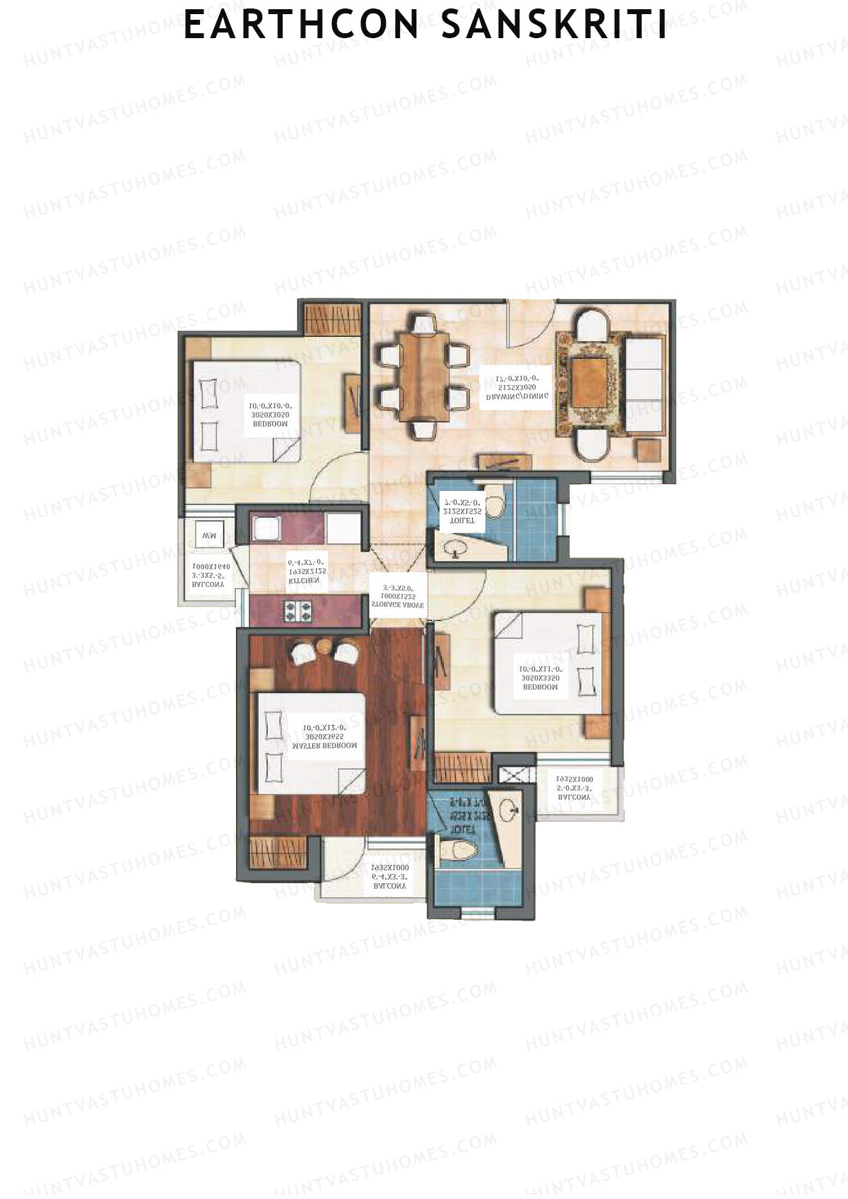 Earthcon Sanskriti, Tower C1, Unit 2, 3BHK, Super Area 1062   sq ft 