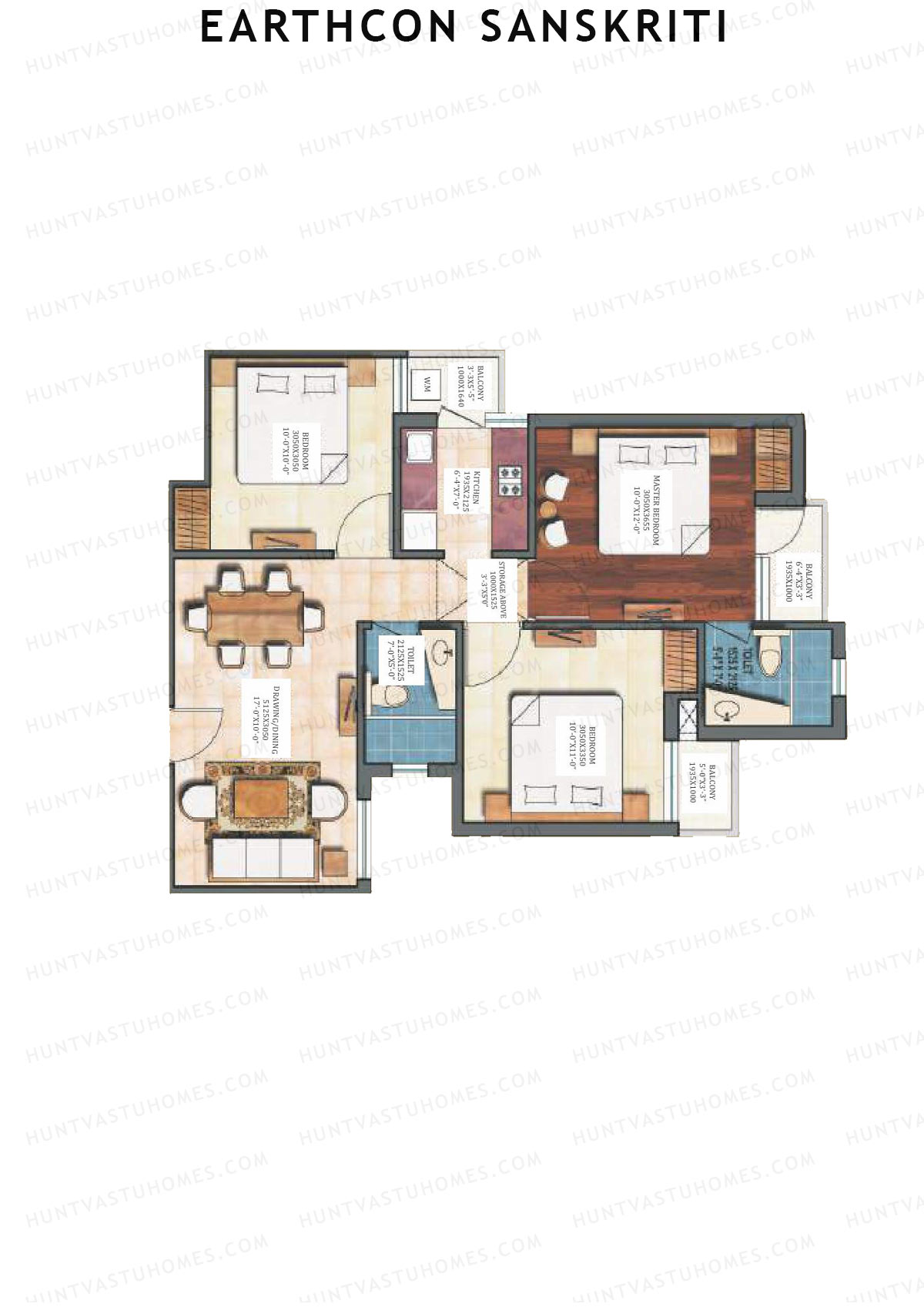 Earthcon Sanskriti, Tower C1, Unit 9, 3BHK, Super Area 1062   sq ft 