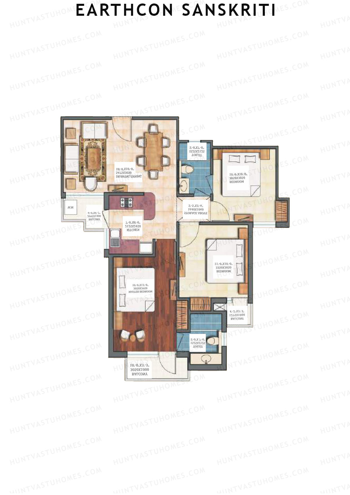 Earthcon Sanskriti, Tower D, Unit 3, 3BHK, Super Area 1170   sq ft 