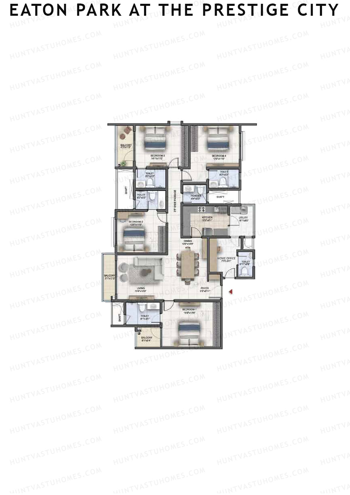 Eaton Park at The Prestige City, Tower 1, Unit 3 (Type B1A), 4BHK, Super Area 2458   sq ft 