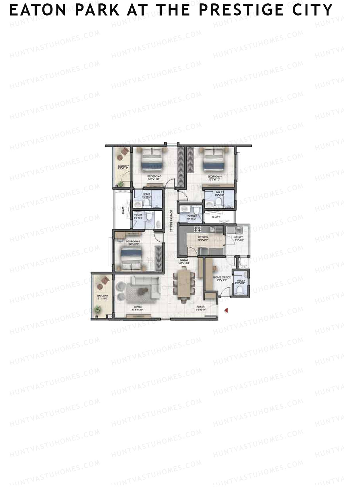 Eaton Park at The Prestige City, Tower 1, Unit 3 (Type B1B), 3BHK, Super Area 2086   sq ft 