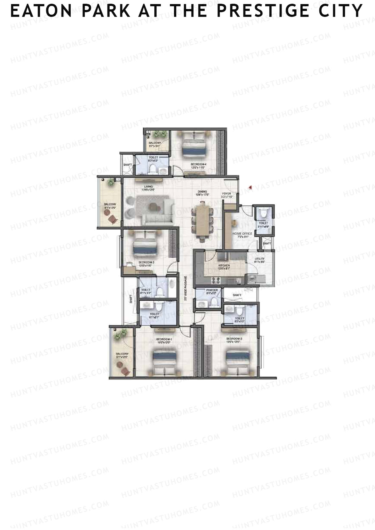 Eaton Park at The Prestige City, Tower 2, Unit 2 (Type B2), 4BHK, Super Area 2539   sq ft 