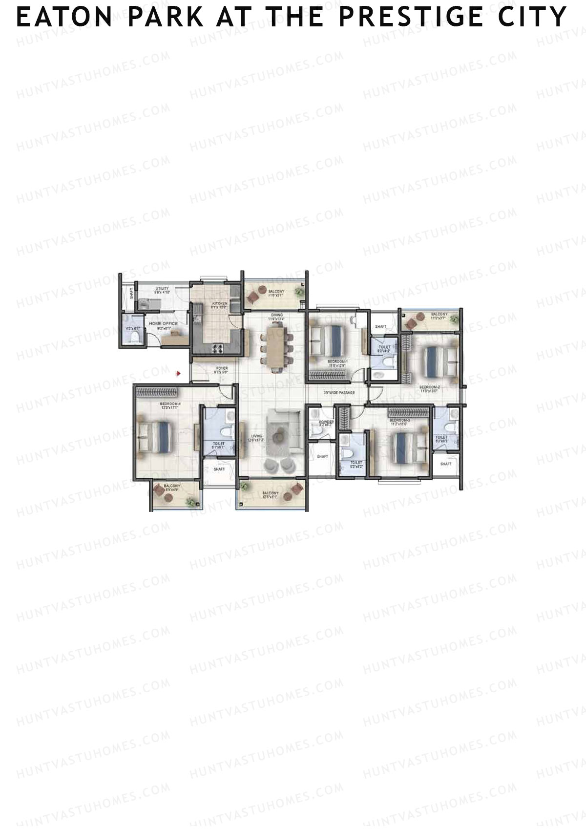 Eaton Park at The Prestige City, Tower 3, Unit 1 (Type B3), 4BHK, Super Area 2712   sq ft 