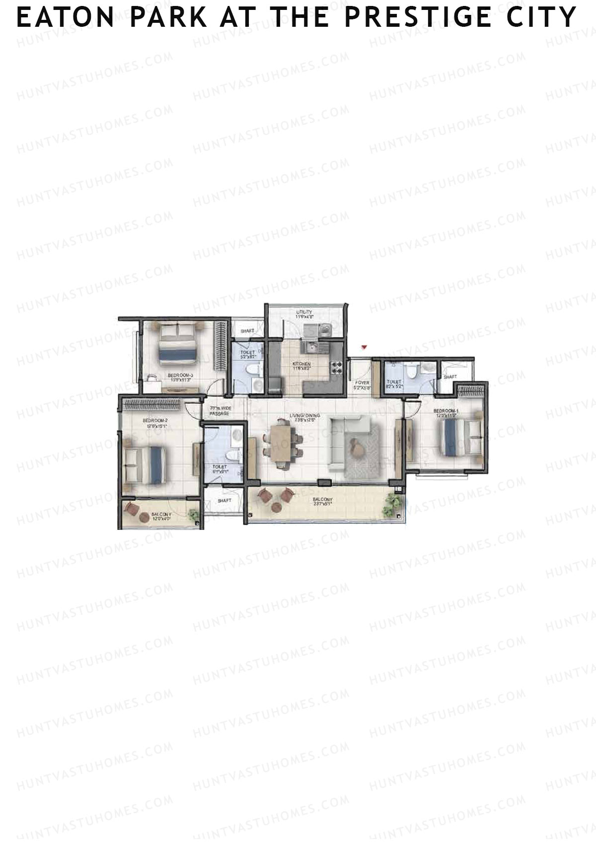 Eaton Park at The Prestige City, Tower 3, Unit 2 (Type A1), 3BHK, Super Area 1903   sq ft 