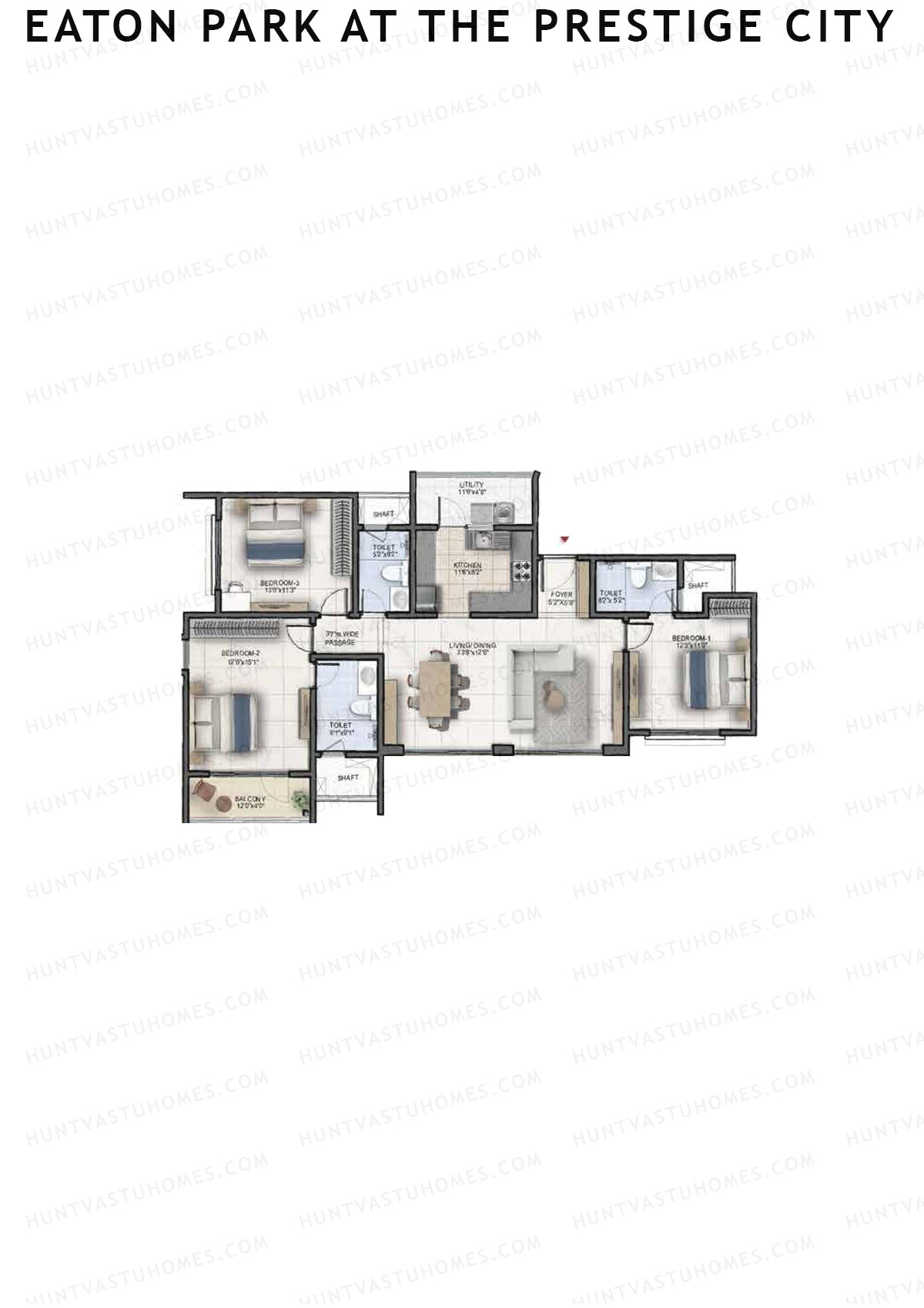 Eaton Park at The Prestige City, Tower 3, Unit 2 (Type A1A), 3BHK, Super Area 1732   sq ft 