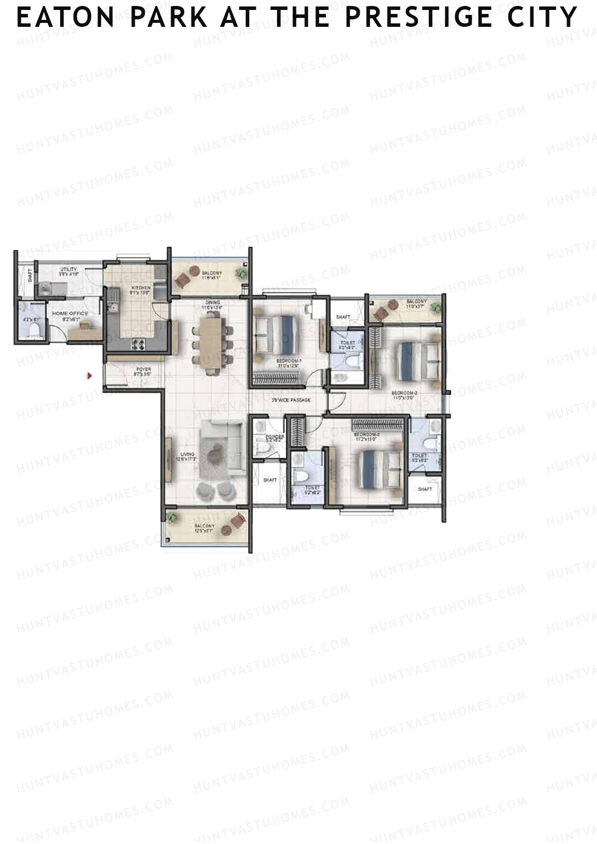 Eaton Park at The Prestige City, Tower 4, Unit 1 (Type B3A), 3BHK, Super Area 2233   sq ft 