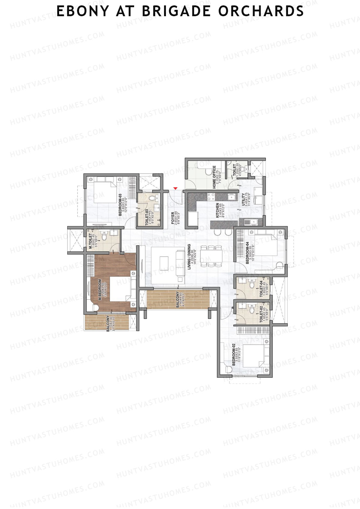 Ebony at Brigade Orchards, Tower A, Unit 1 (Type F), 4BHK, Super Area 2365   sq ft 