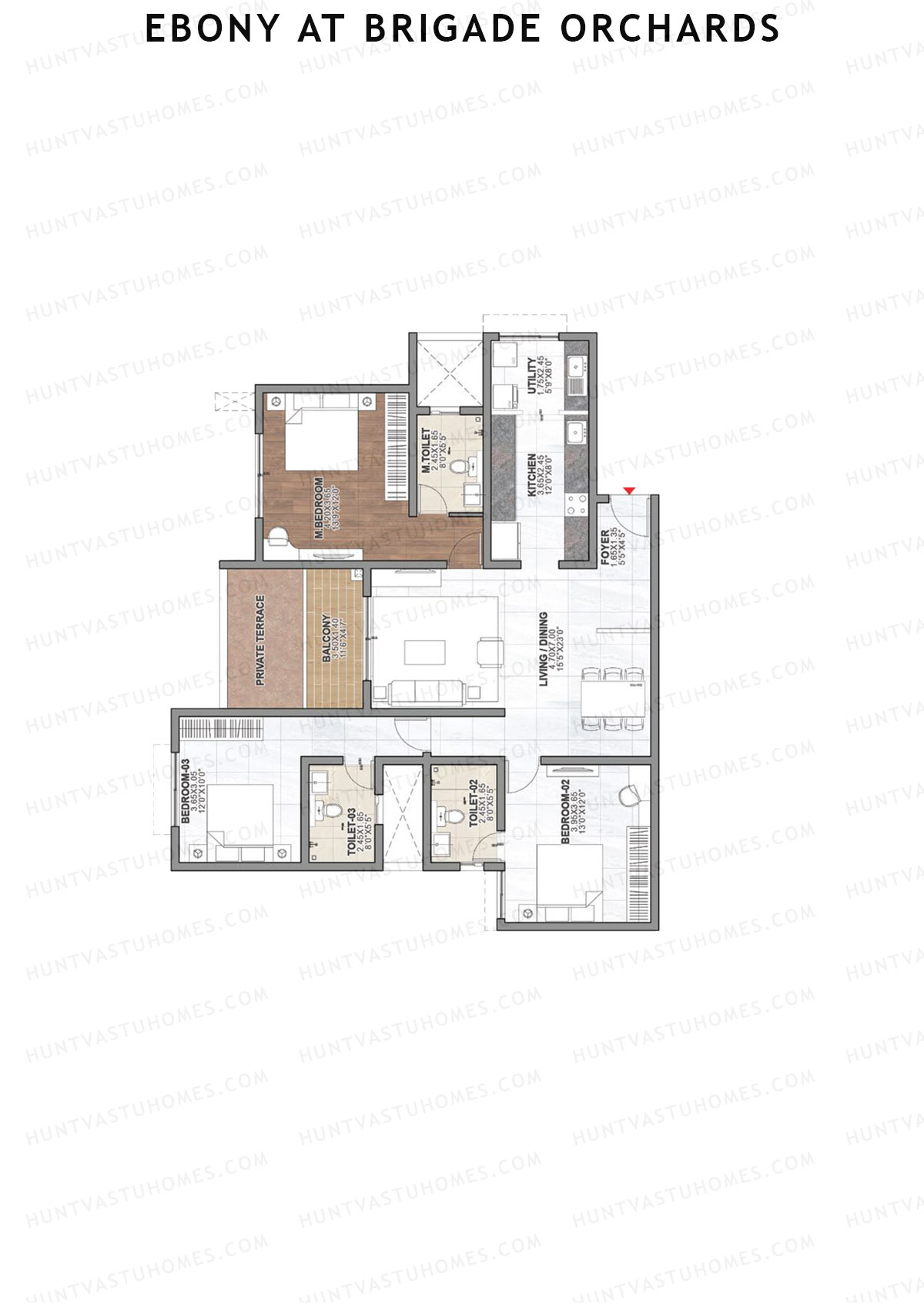 Ebony at Brigade Orchards, Tower A, Unit 2 (Type D1), 3BHK, Super Area 1829   sq ft 