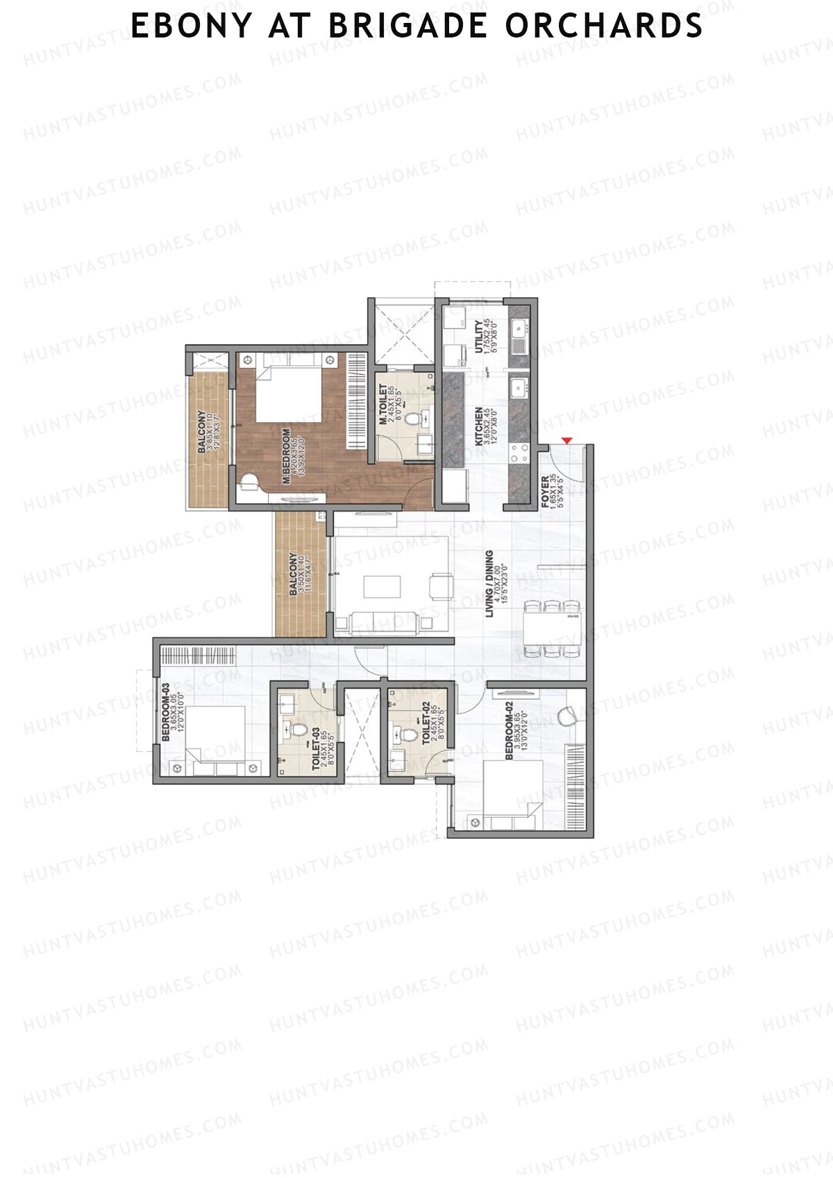 Ebony at Brigade Orchards, Tower A, Unit 2 (Type D), 3BHK, Super Area 1897   sq ft 