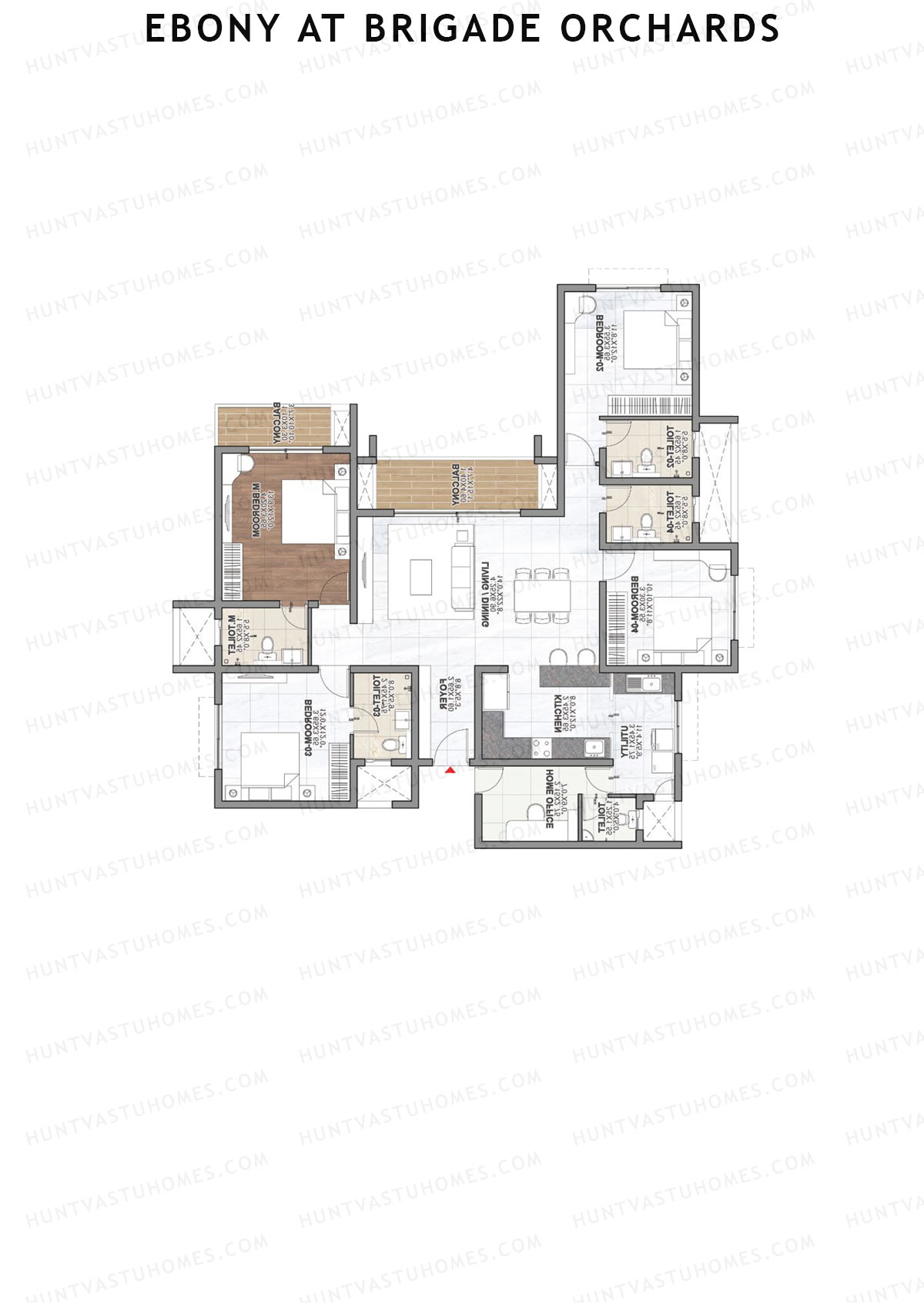Ebony at Brigade Orchards, Tower A, Unit 3 (Type F), 4BHK, Super Area 2365   sq ft 