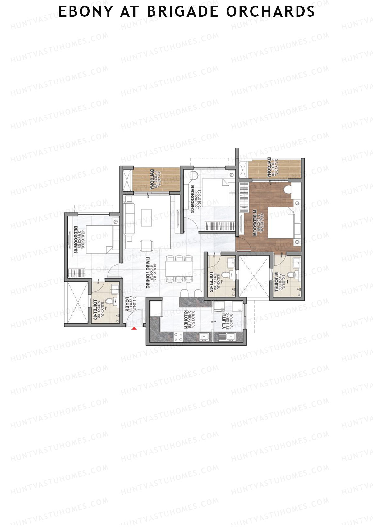 Ebony at Brigade Orchards, Tower A, Unit 4 (Type A), 3BHK, Super Area 1657   sq ft 
