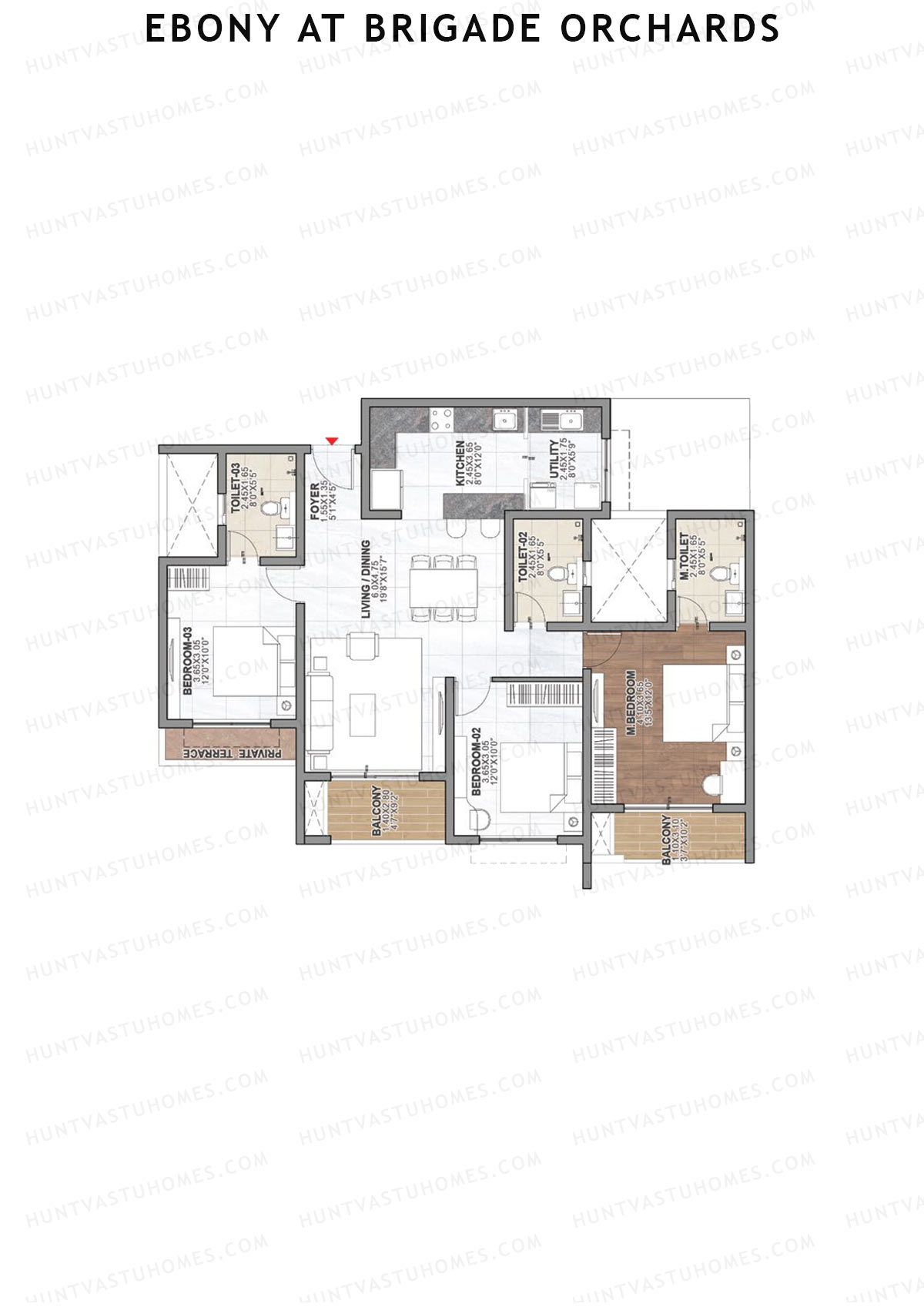 Ebony at Brigade Orchards, Tower A, Unit 5 (Type A2), 3BHK, Super Area 1657   sq ft 