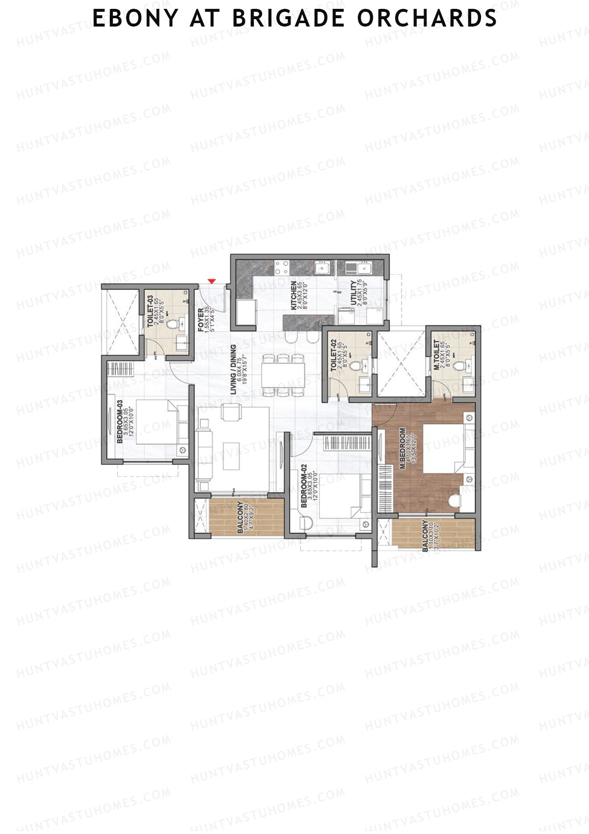 Ebony at Brigade Orchards, Tower A, Unit 5 (Type A), 3BHK, Super Area 1657   sq ft 