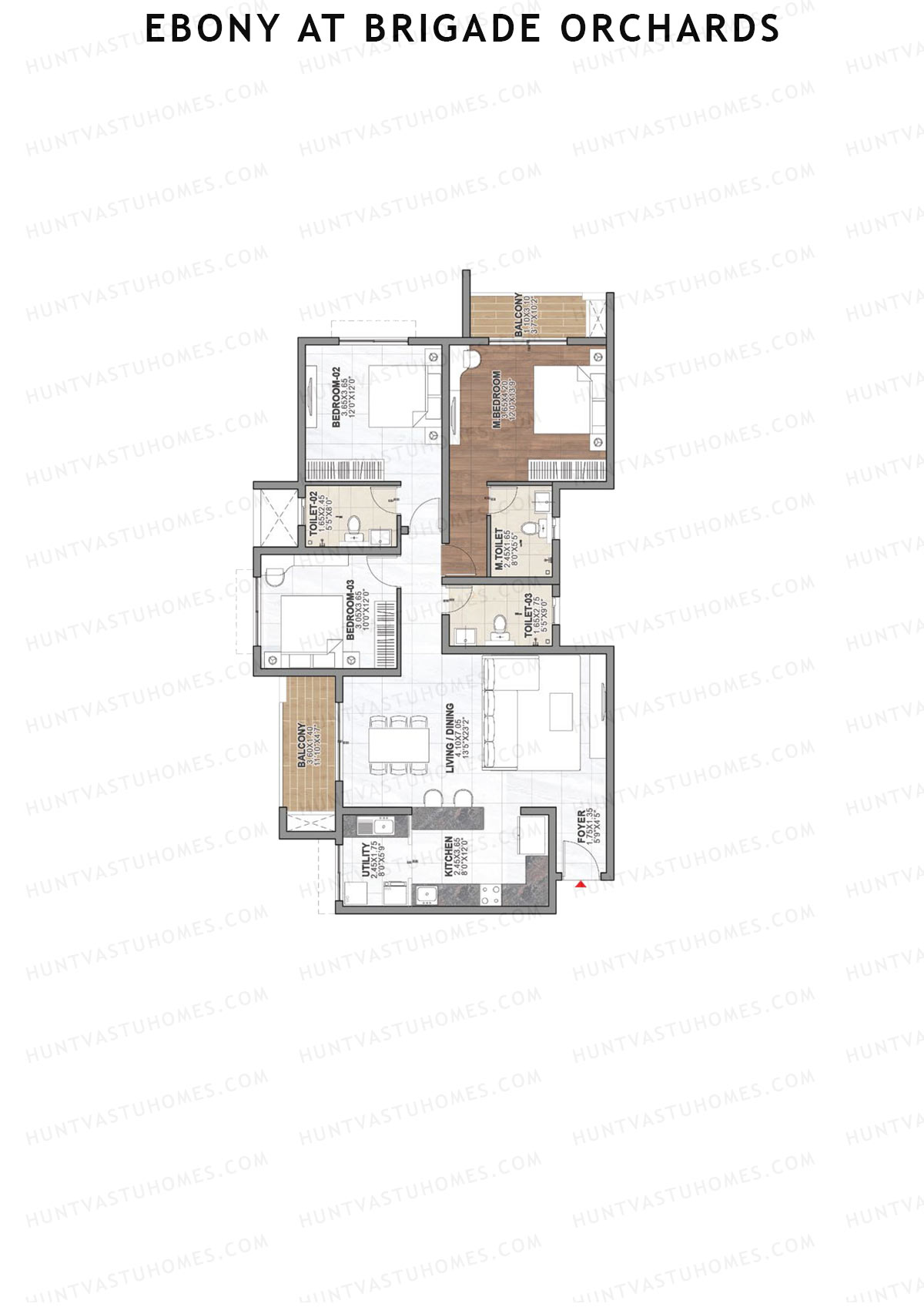 Ebony at Brigade Orchards, Tower B, Unit 10 (Type C), 3BHK, Super Area 1846   sq ft 