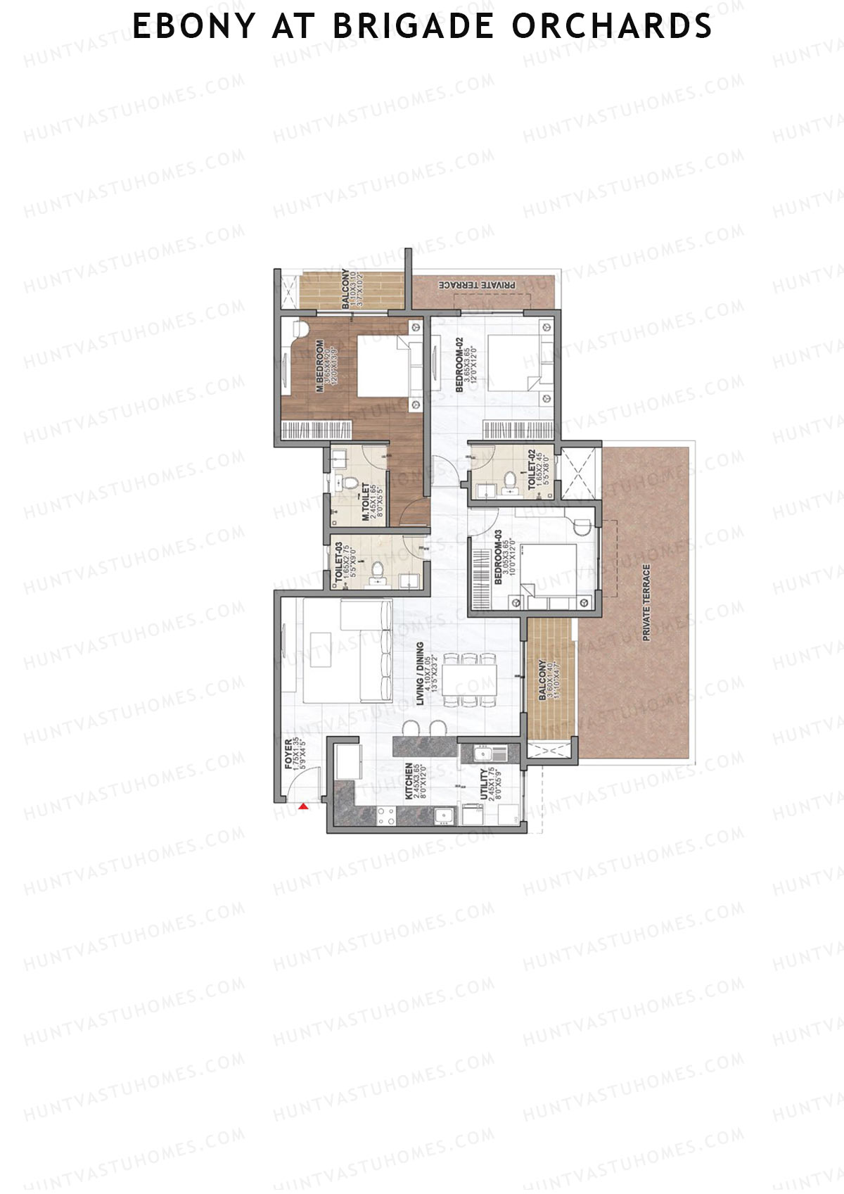Ebony at Brigade Orchards, Tower B, Unit 11 (Type C2), 3BHK, Super Area 1846   sq ft 