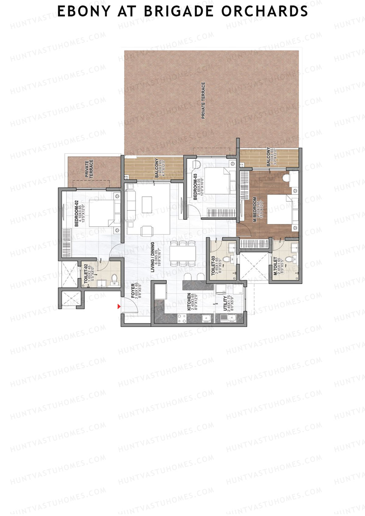 Ebony at Brigade Orchards, Tower B, Unit 12 (Type B1), 3BHK, Super Area 1821   sq ft 