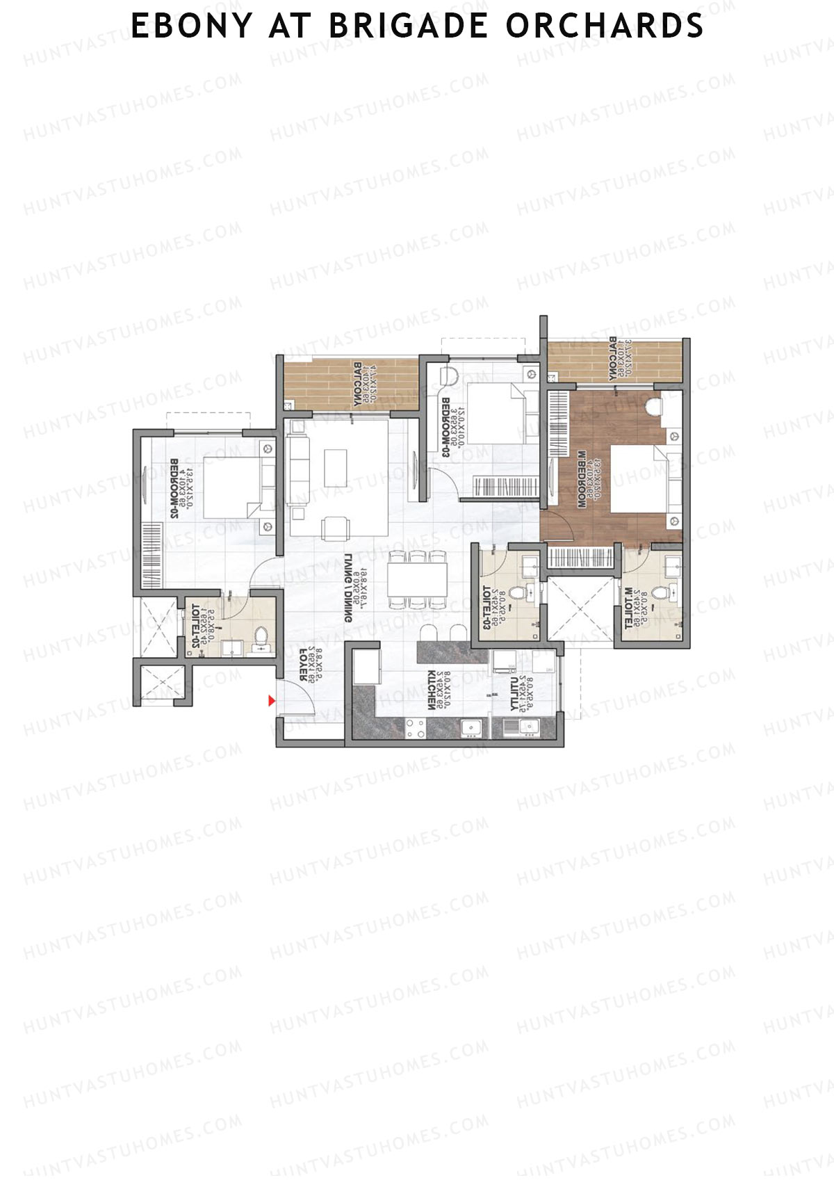Ebony at Brigade Orchards, Tower B, Unit 12 (Type B), 3BHK, Super Area 1821   sq ft 