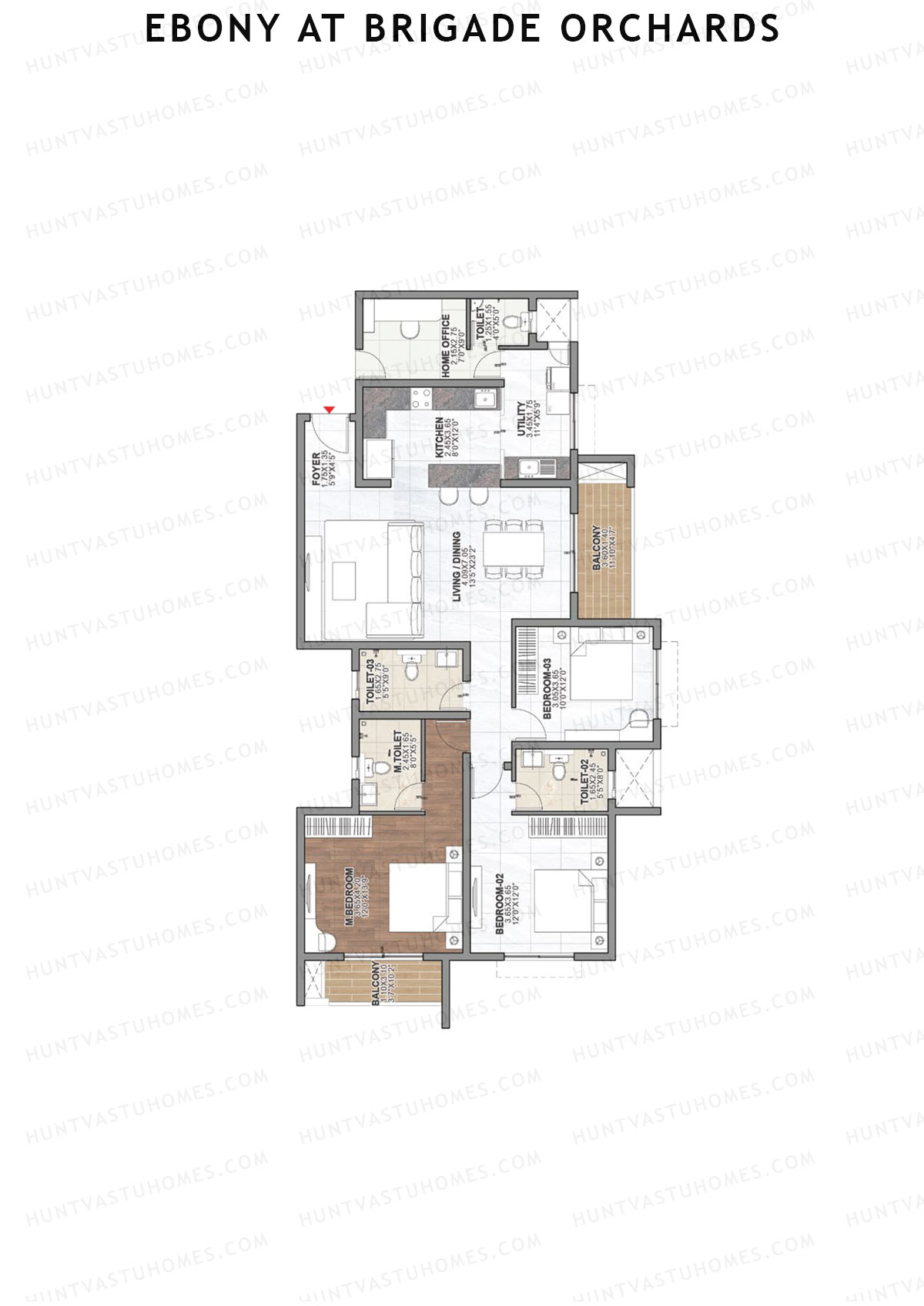 Ebony at Brigade Orchards, Tower B, Unit 6 (Type E1), 3BHK, Super Area 2014   sq ft 