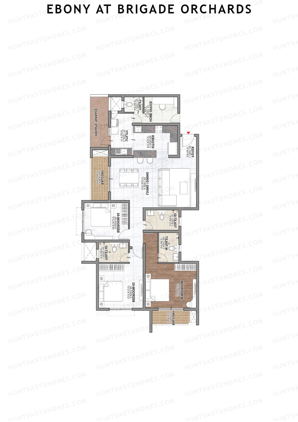Ebony at Brigade Orchards, Tower B, Unit 7 (Type E2), 3BHK, Super Area 2014   sq ft 