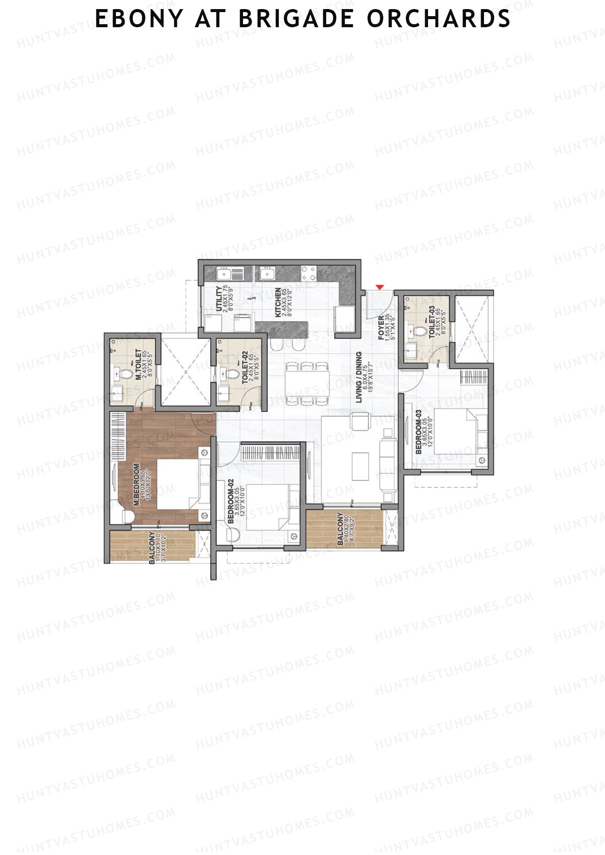 Ebony at Brigade Orchards, Tower B, Unit 8 (Type A1), 3BHK, Super Area 1657   sq ft 