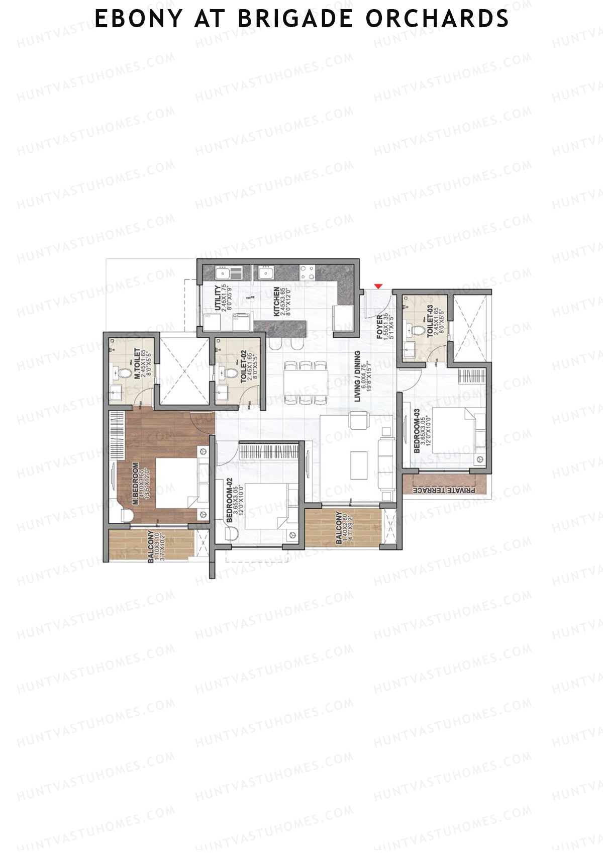 Ebony at Brigade Orchards, Tower B, Unit 8 (Type A3), 3BHK, Super Area 1657   sq ft 