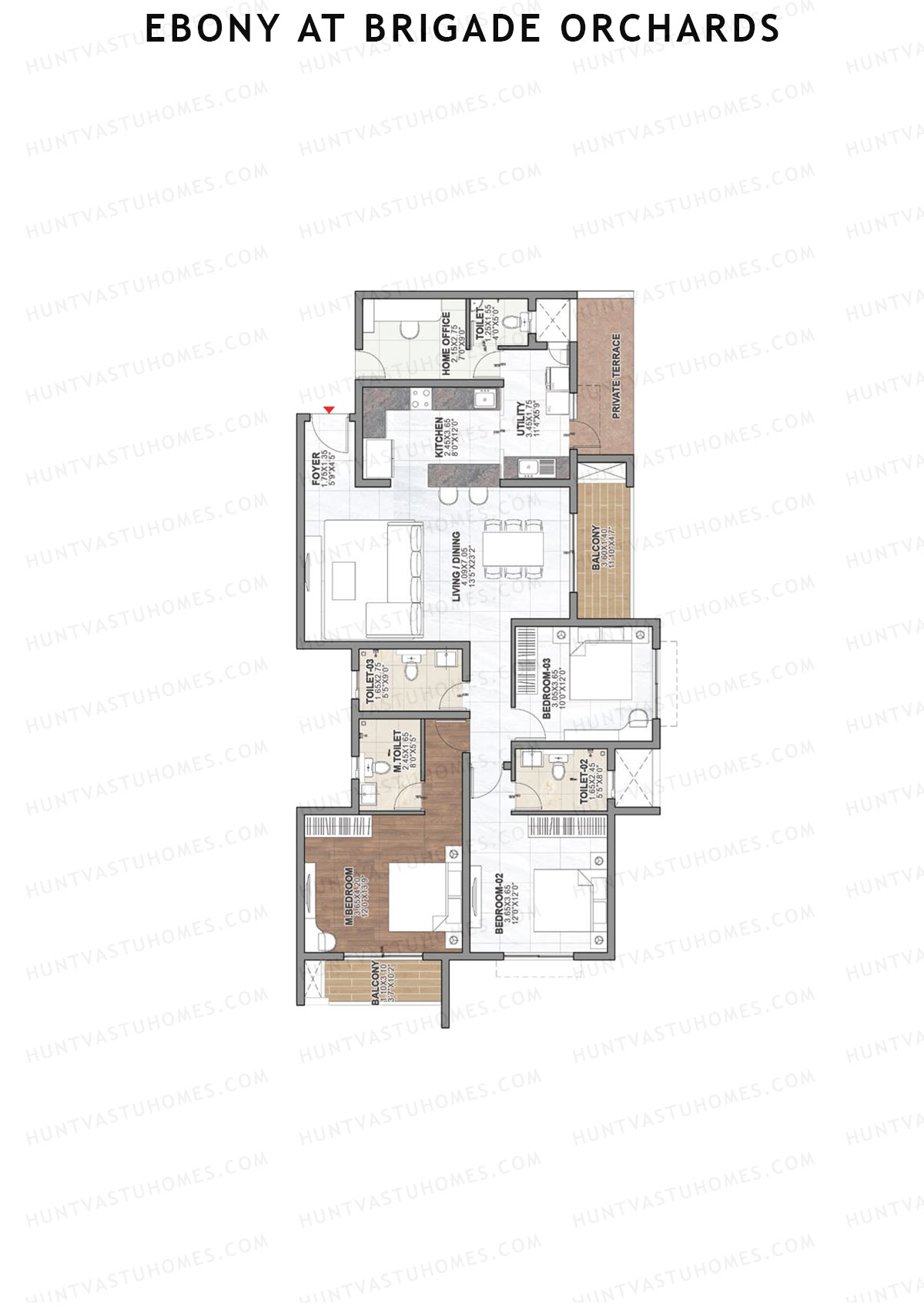 Ebony at Brigade Orchards, Tower C, Unit 14 (Type E4), 3BHK, Super Area 2014   sq ft 