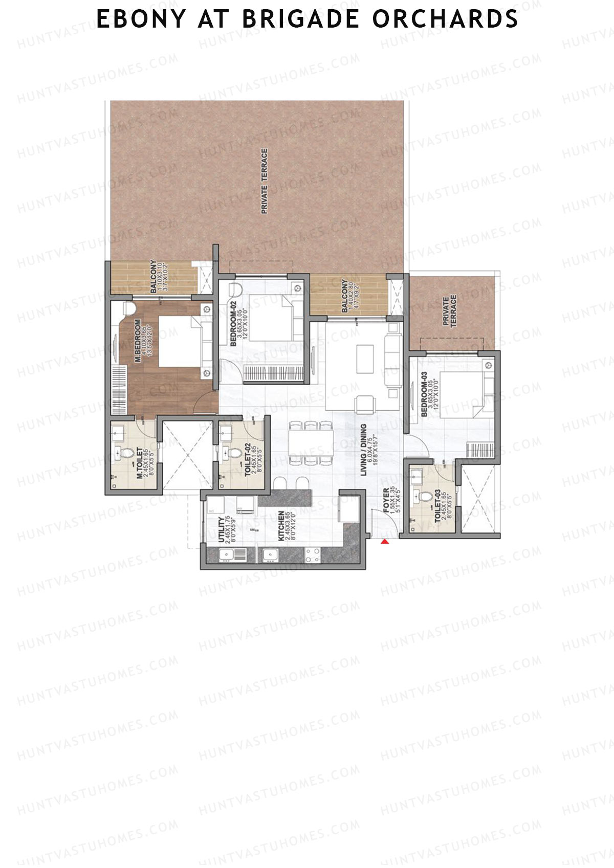 Ebony at Brigade Orchards, Tower C, Unit 17 (Type A4), 3BHK, Super Area 1657   sq ft 