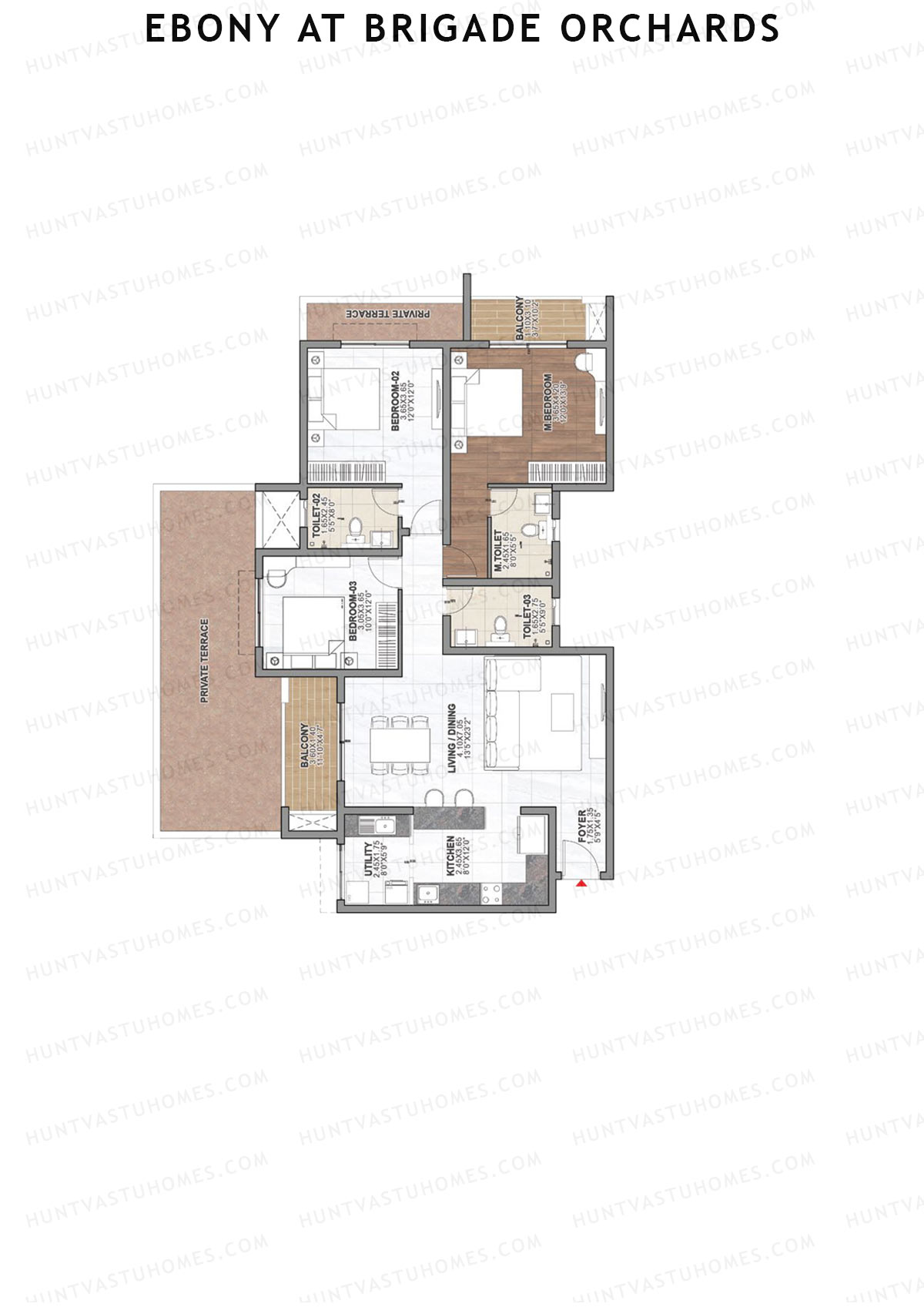 Ebony at Brigade Orchards, Tower C, Unit 18 (Type C3), 3BHK, Super Area 1846   sq ft 