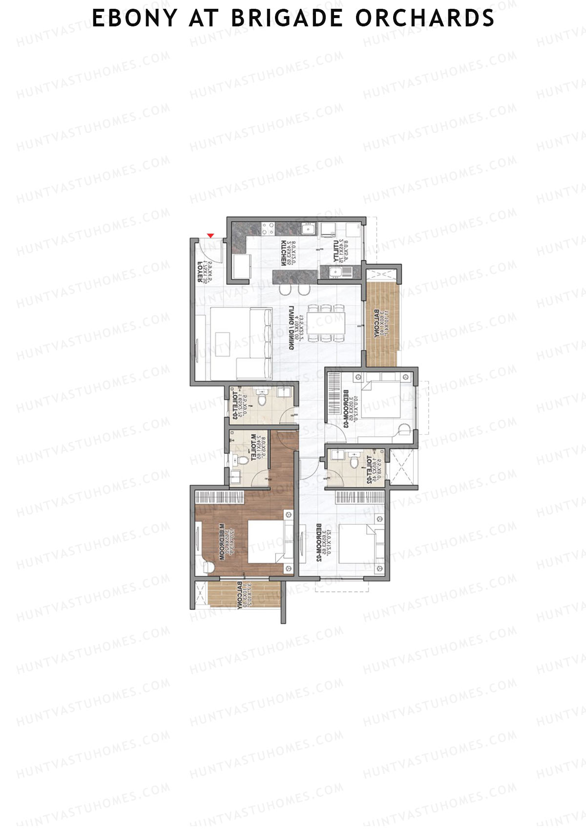 Ebony at Brigade Orchards, Tower D, Unit 22 (Type C1), 3BHK, Super Area 1846   sq ft 