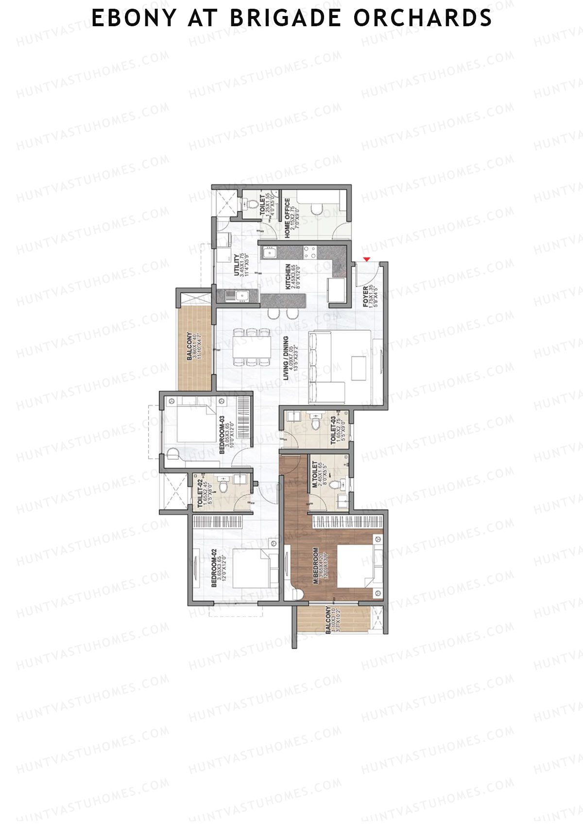 Ebony at Brigade Orchards, Tower D, Unit 23 (Type E), 3BHK, Super Area 2014   sq ft 