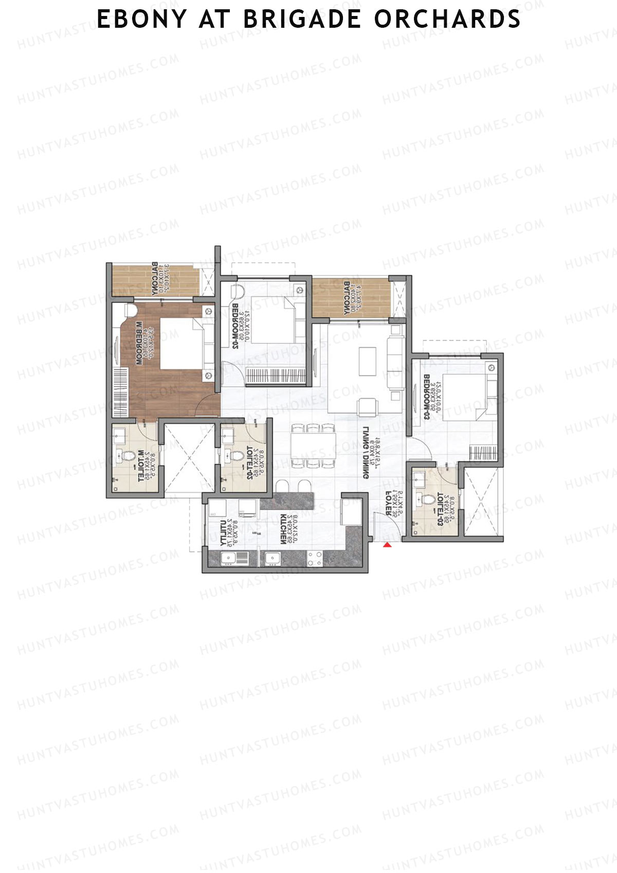 Ebony at Brigade Orchards, Tower D, Unit 25 (Type A1), 3BHK, Super Area 1657   sq ft 