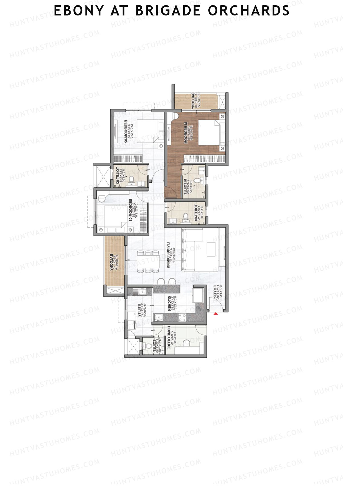 Ebony at Brigade Orchards, Tower D, Unit 26 (Type E), 3BHK, Super Area 2014   sq ft 