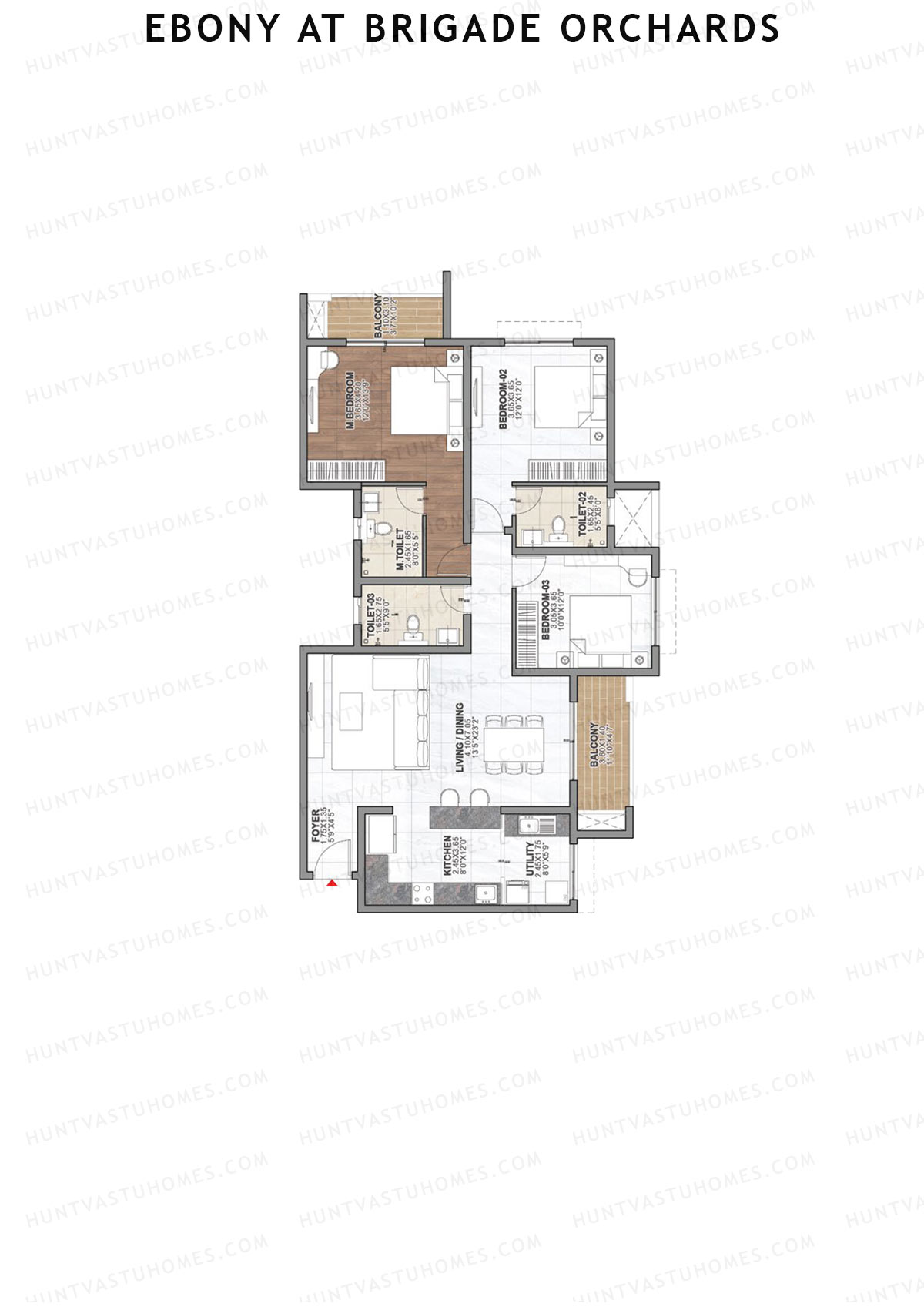 Ebony at Brigade Orchards, Tower D, Unit 27 (Type C1), 3BHK, Super Area 1846   sq ft 