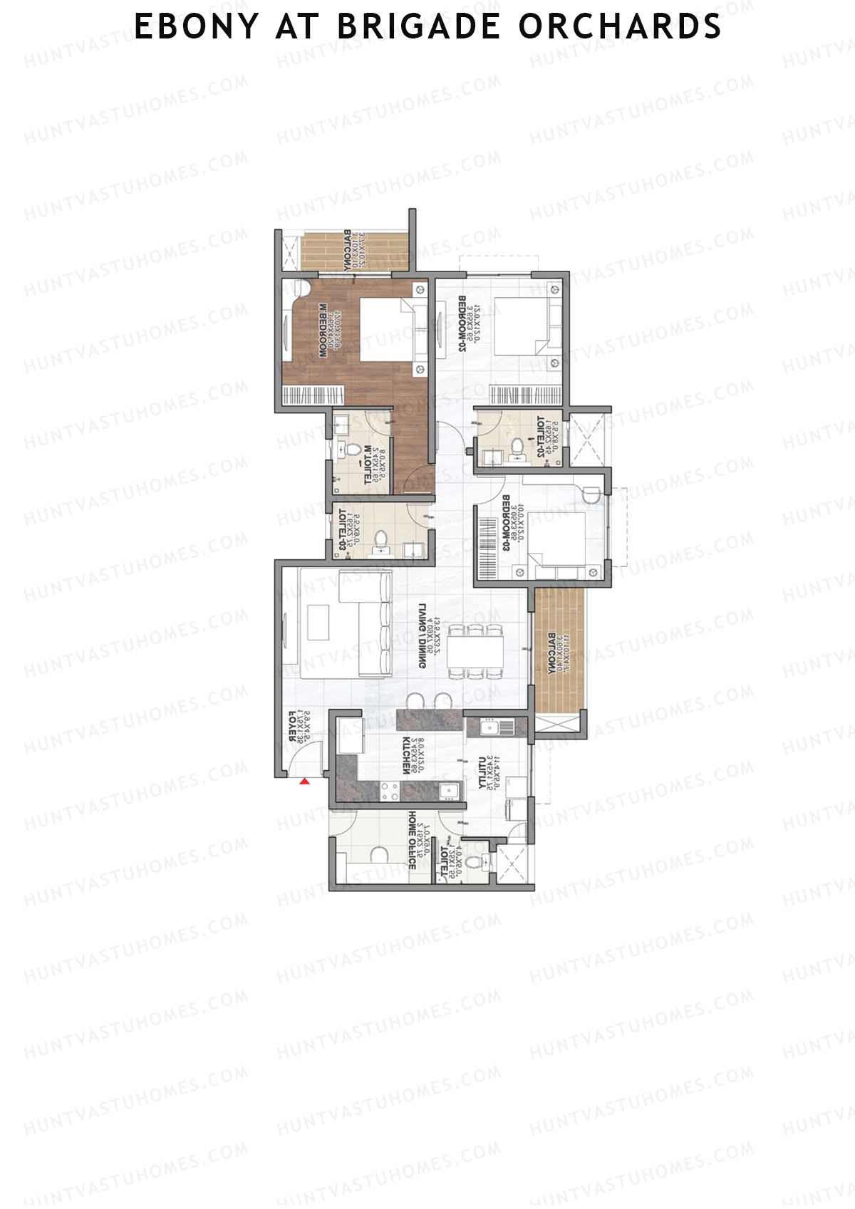 Ebony at Brigade Orchards, Tower D, Unit 27 (Type E1), 3BHK, Super Area 2014   sq ft 