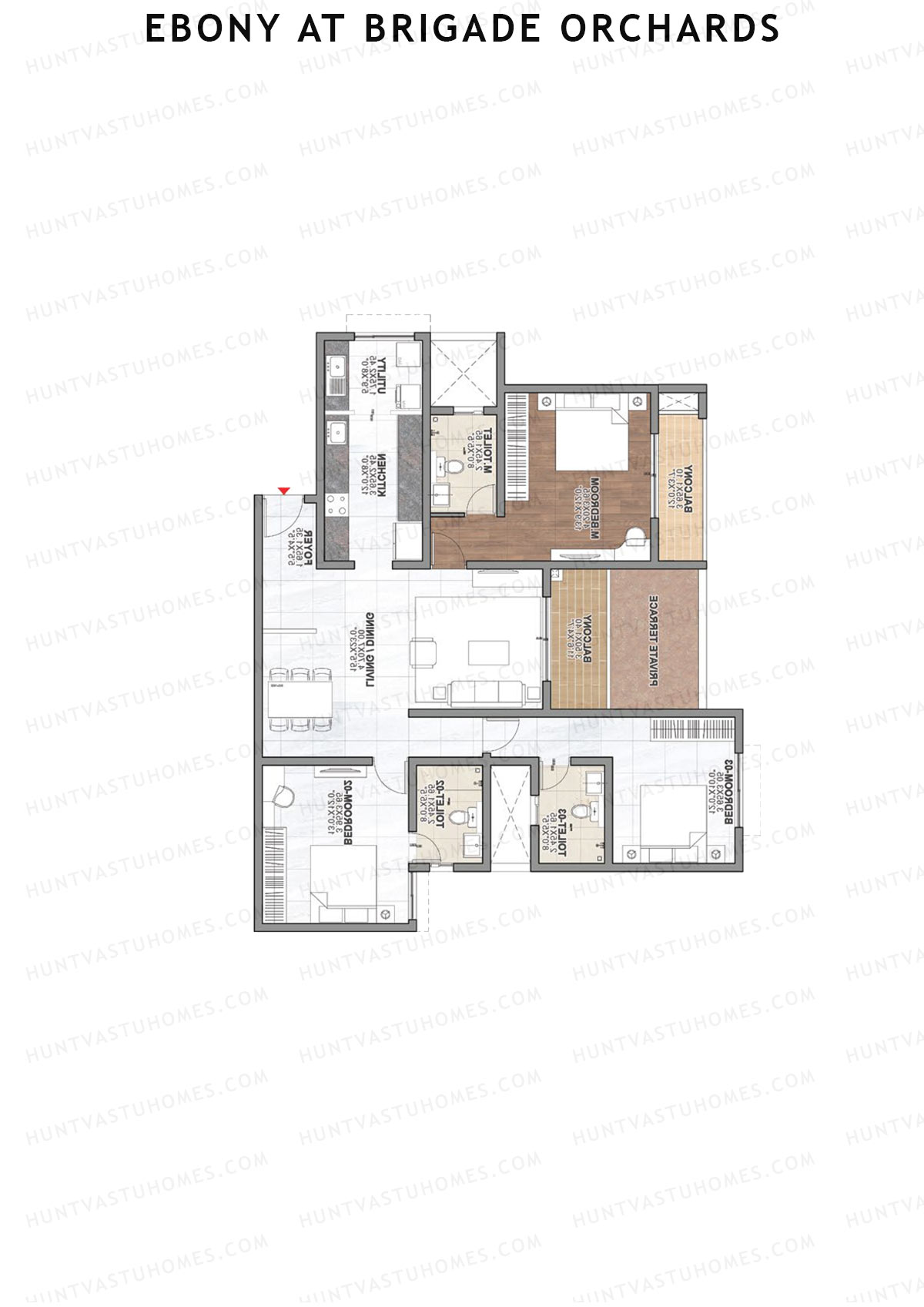 Ebony at Brigade Orchards, Tower D, Unit 28 (Type D2), 3BHK, Super Area 1897   sq ft 