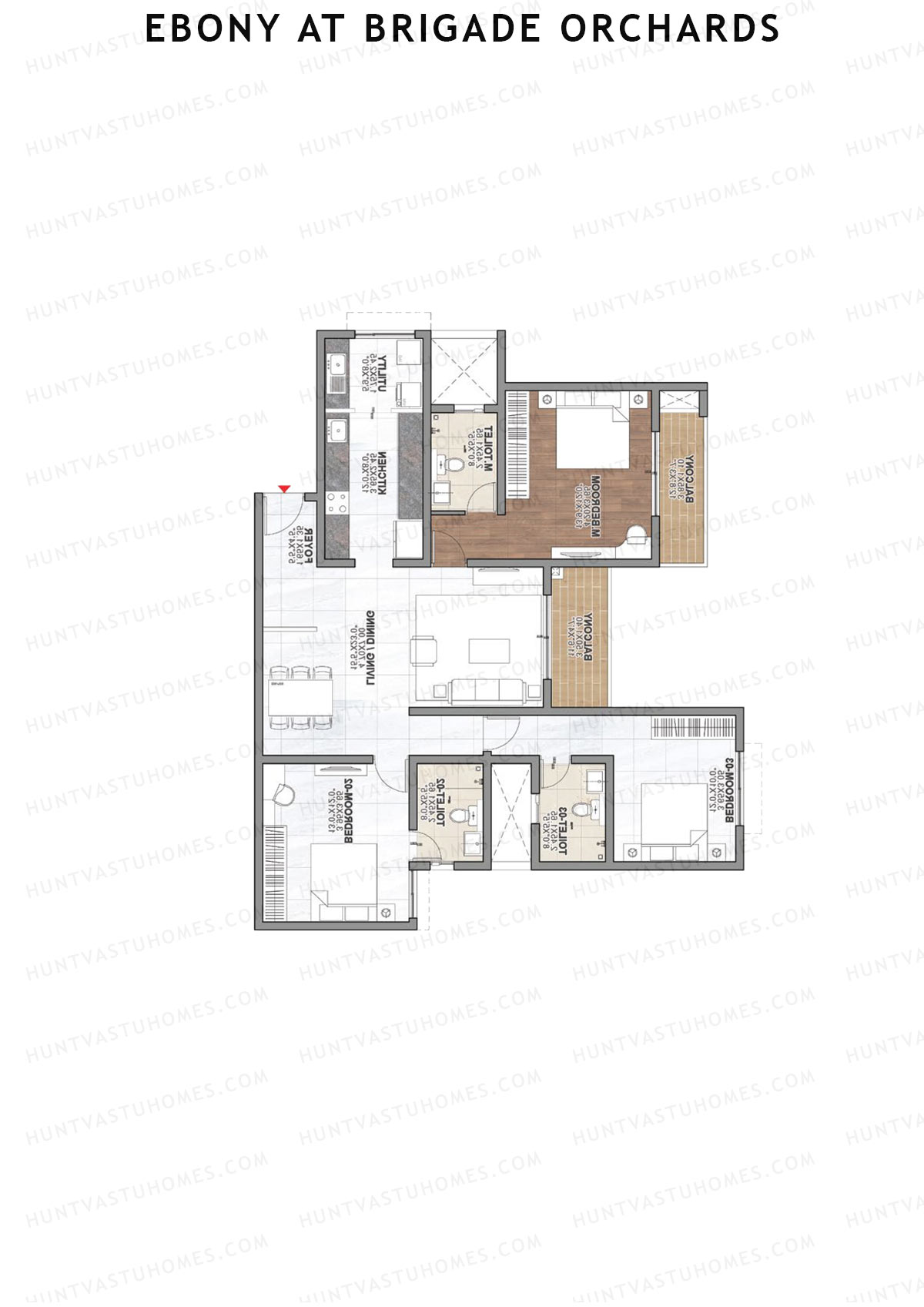 Ebony at Brigade Orchards, Tower D, Unit 28 (Type D), 3BHK, Super Area 1897   sq ft 