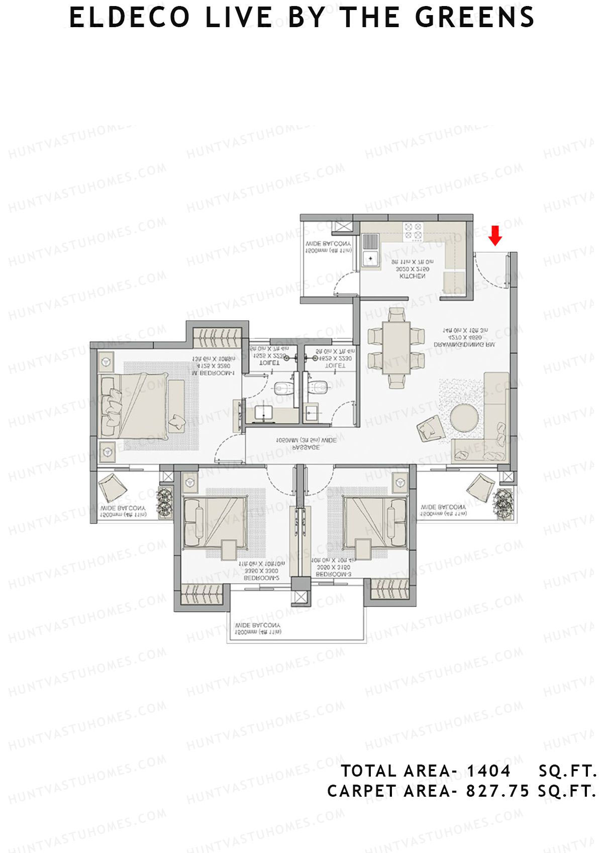 Eldeco Live By The Greens Tower Verve2 Unit 3 (Type B) Floor Plan