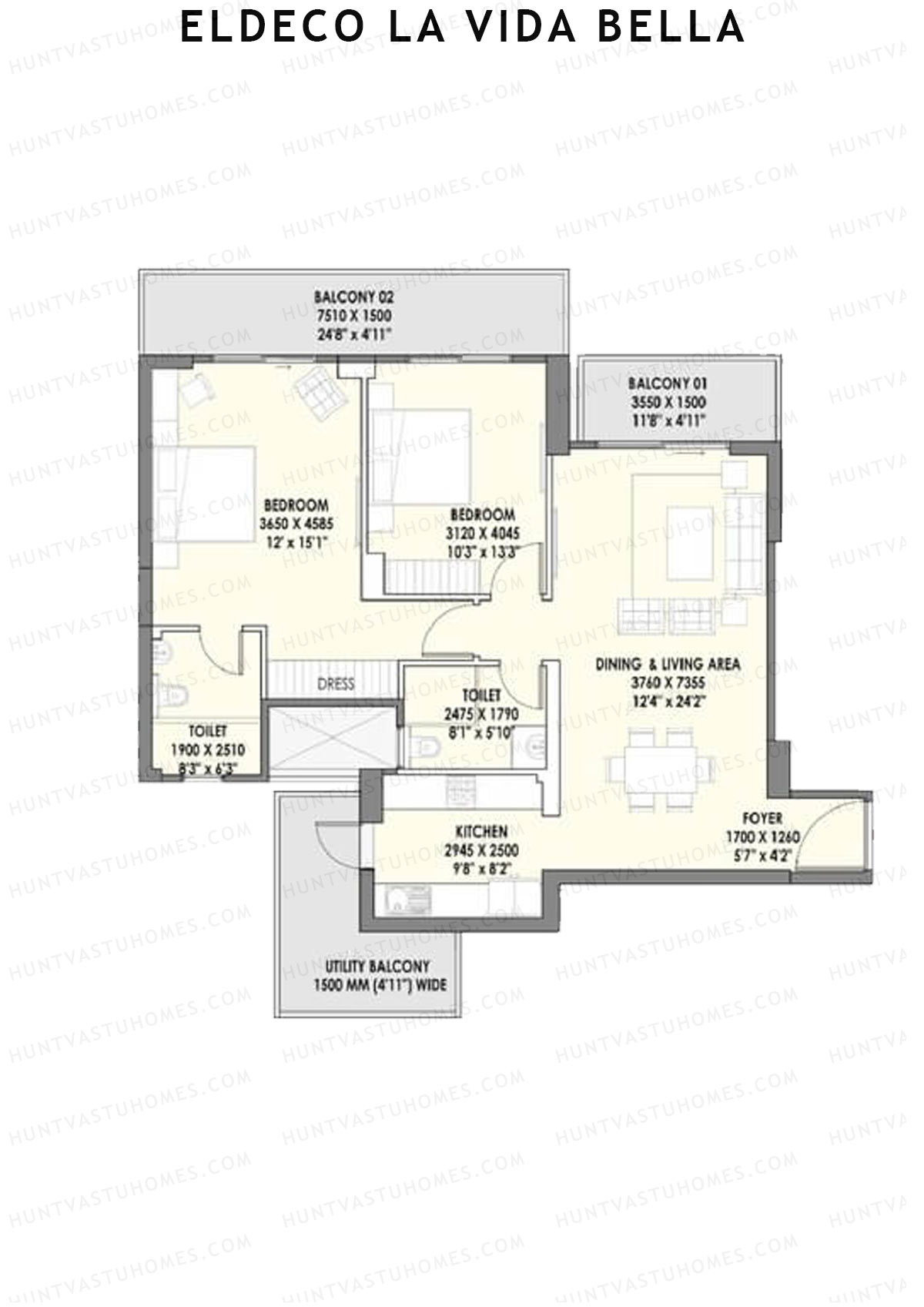 Eldeco la vida bella Bellisimo 1 Unit 3 (Type 2) Floor Plan